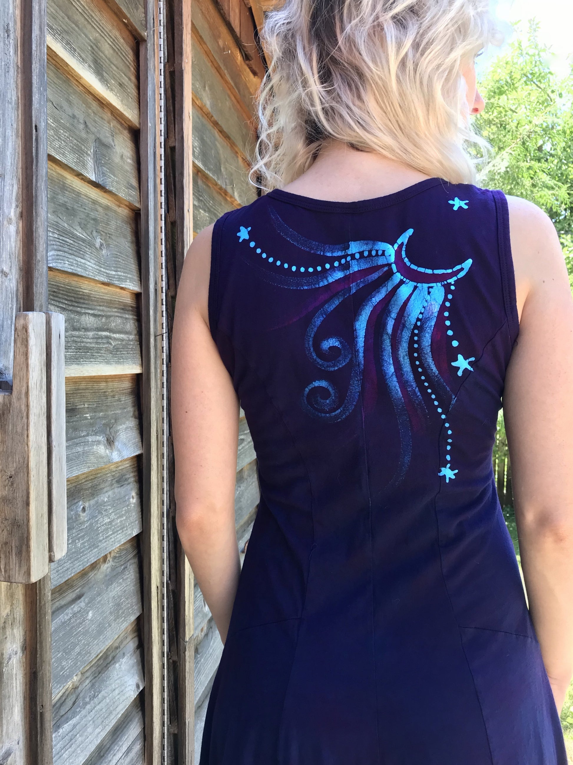Midnight Moonbeams & Purple Starglow Boho Batik Summer Dress Batik Dresses Batikwalla
