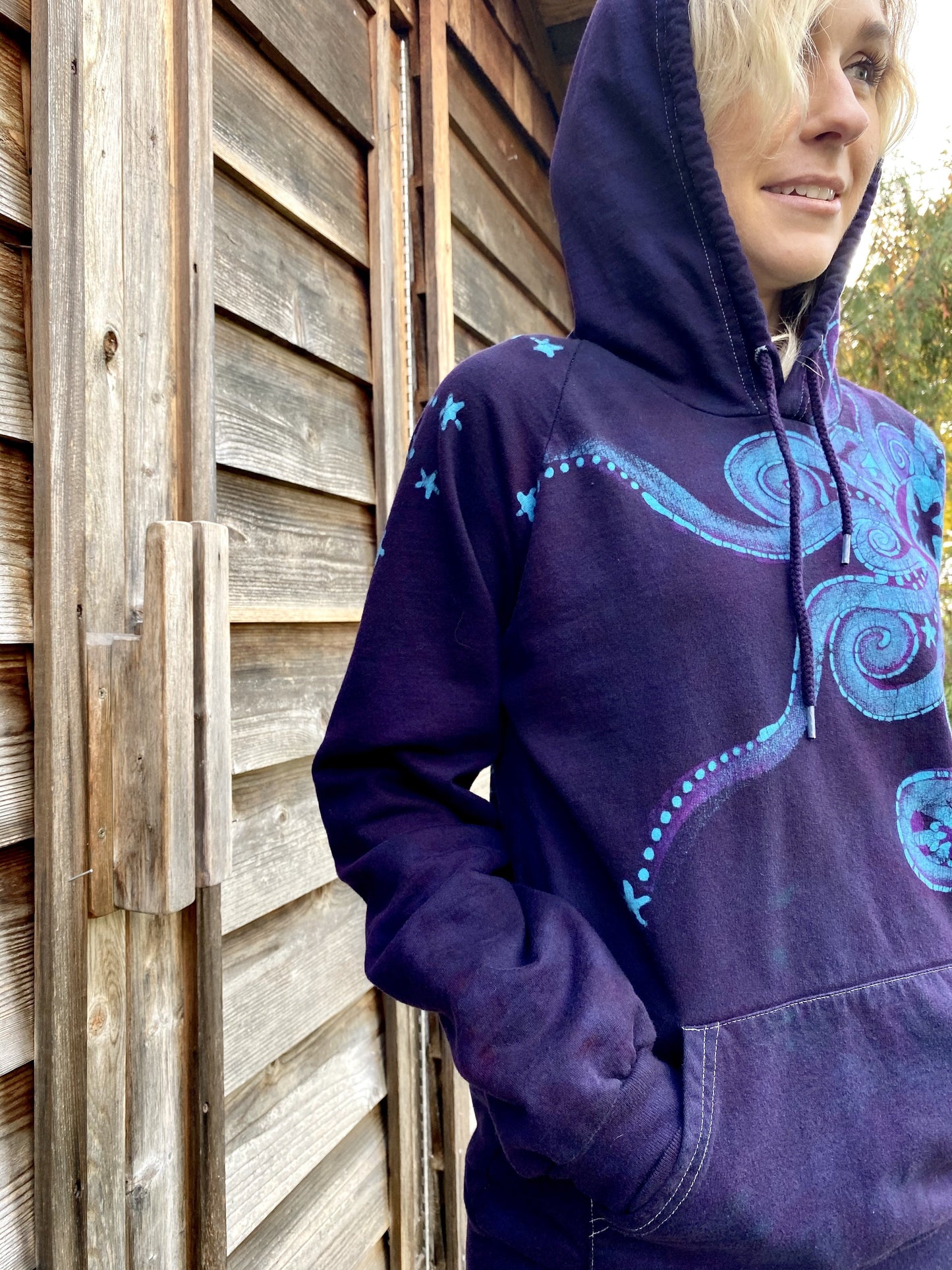 Deep Blue And Purple Moon Star Pullover Batik Hoodie - Handcrafted In Organic Cotton hoodie batikwalla