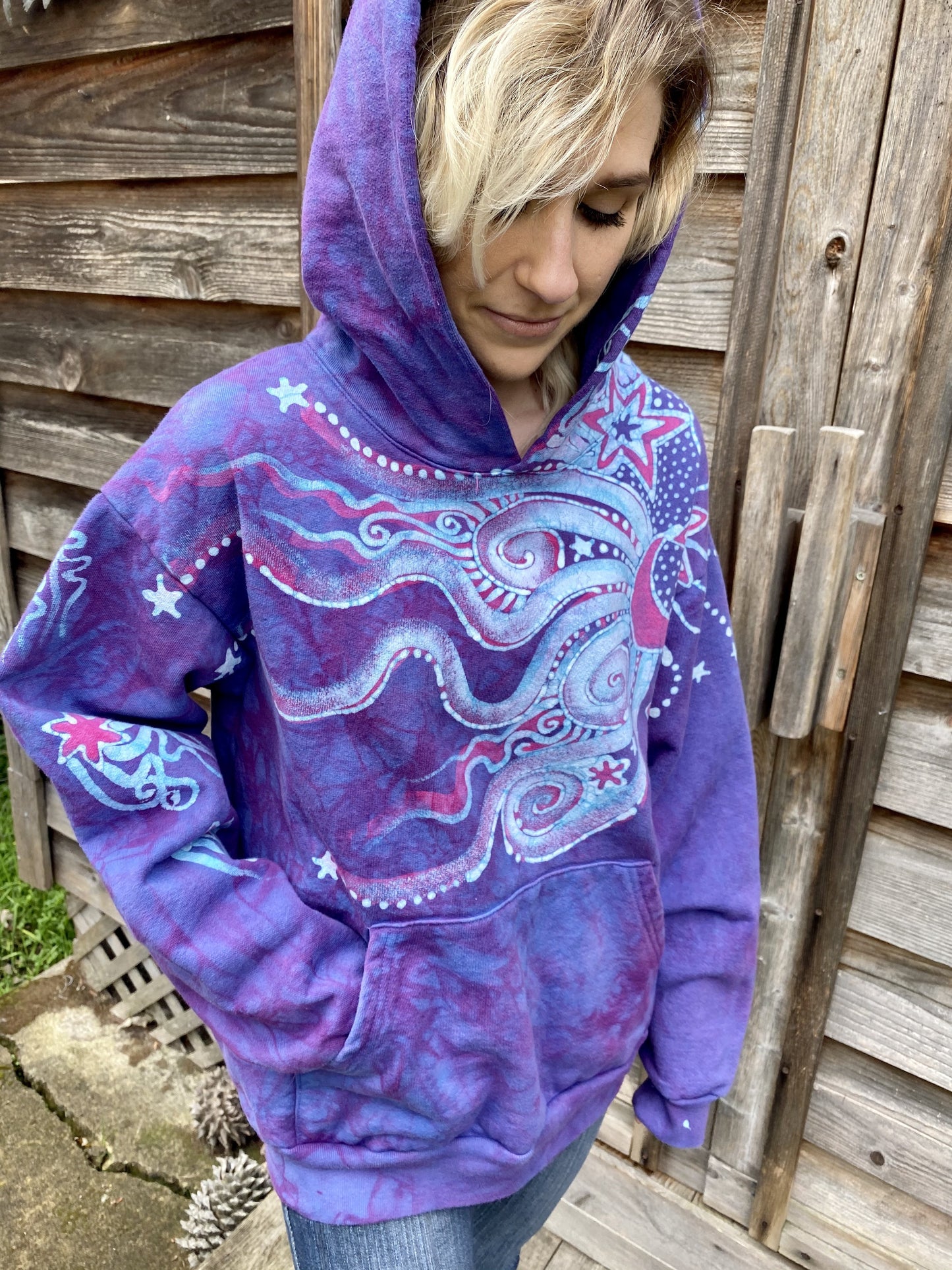 Pretty in Pink Luna Wanderlust Pullover Hoodie - Handcrafted Batik Moons & Stars hoodie batikwalla