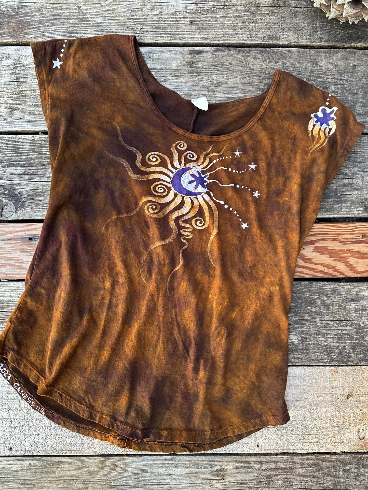 Dark Gold and Purple Moonbeams Handmade Batik Scoop Neck Tshirt Tops batikwalla