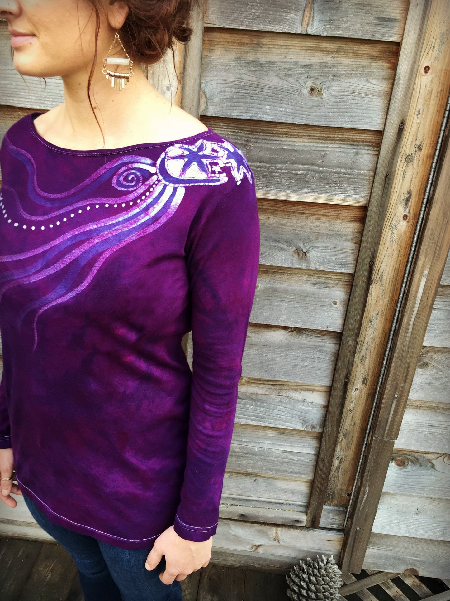 Deep Purple Stars Upon Your Shoulders Long Sleeve Batik Top - Size Small - Batikwalla
- 2