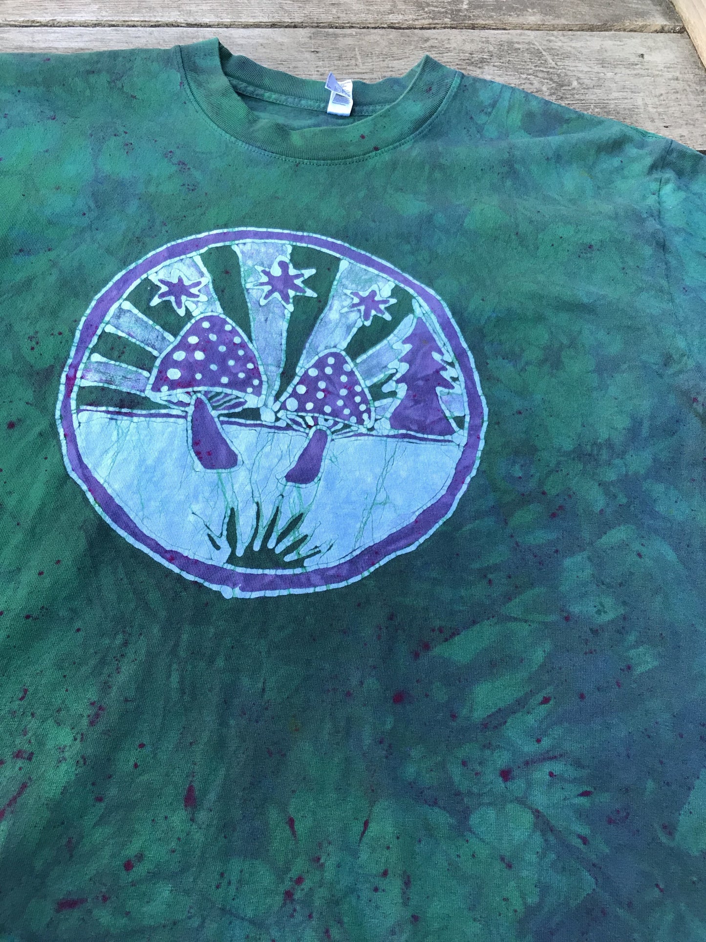 Meadow Mushrooms In Teal and Purple Handmade Batik Tshirt - Size Large tshirt batikwalla