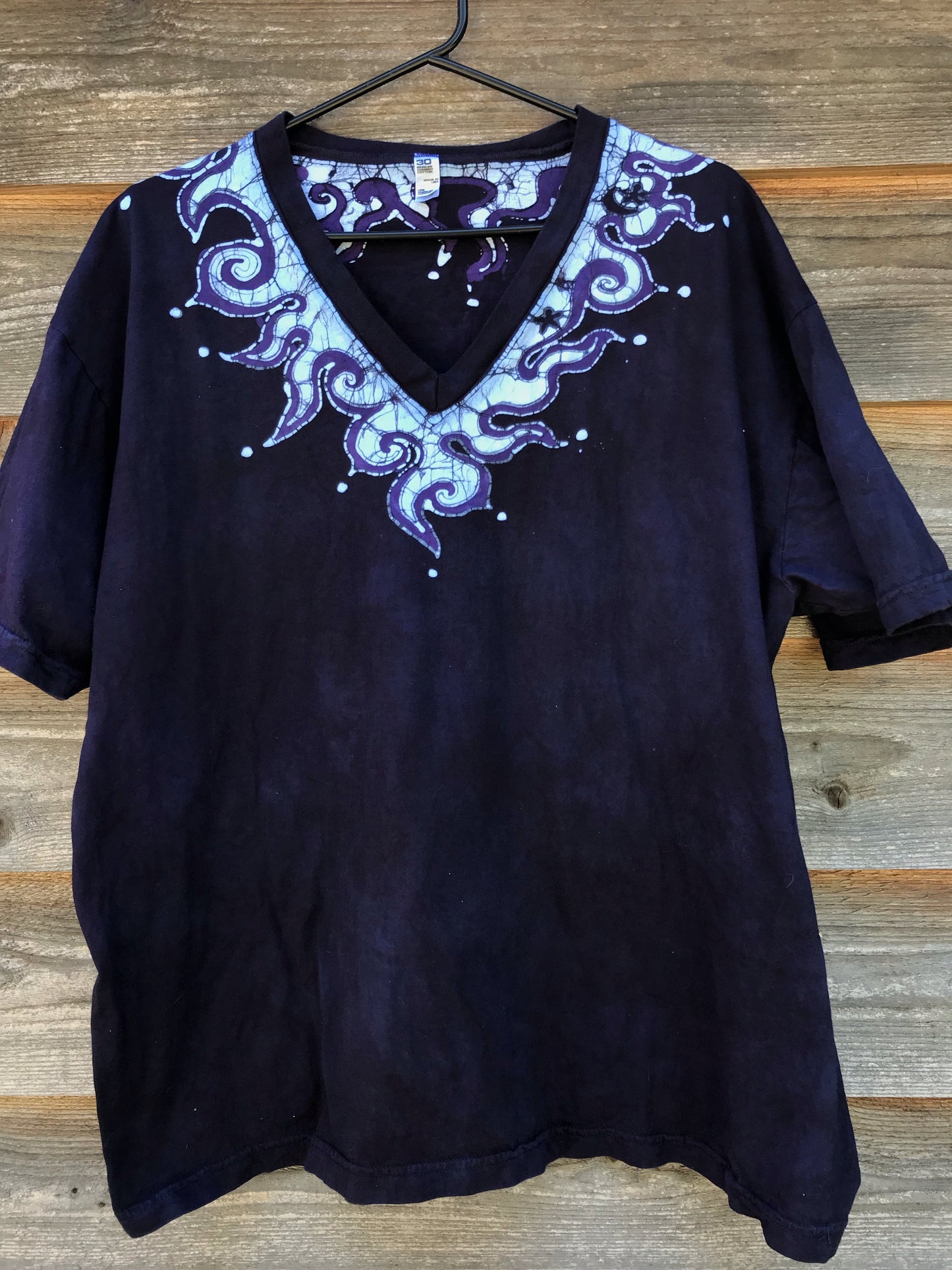 Batik Necklace Organic Cotton Vneck Tshirt in The Deepest Blue With Purple Highlights Tshirts batikwalla 2X