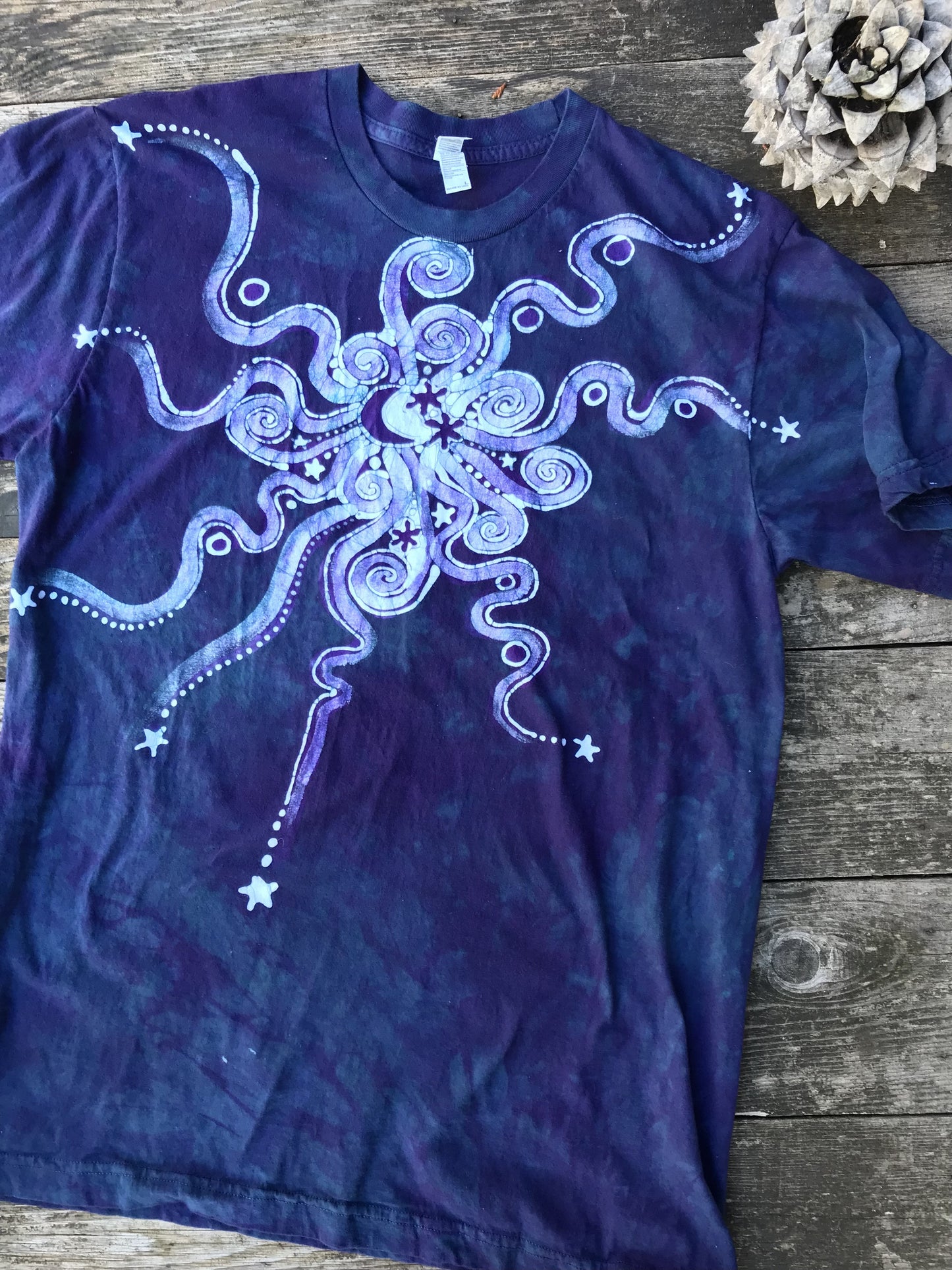 Teal and Purple Octopus Starburst Hand Painted Batik Tshirt tshirt batikwalla
