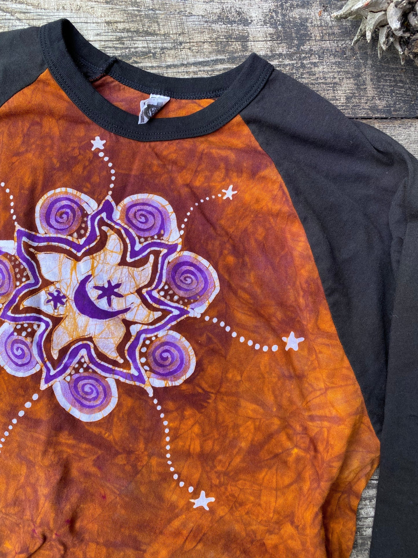 Big Sun Moon Star Swirls Black Raglan 3/4 Sleeve Batik Top Batikwalla XL