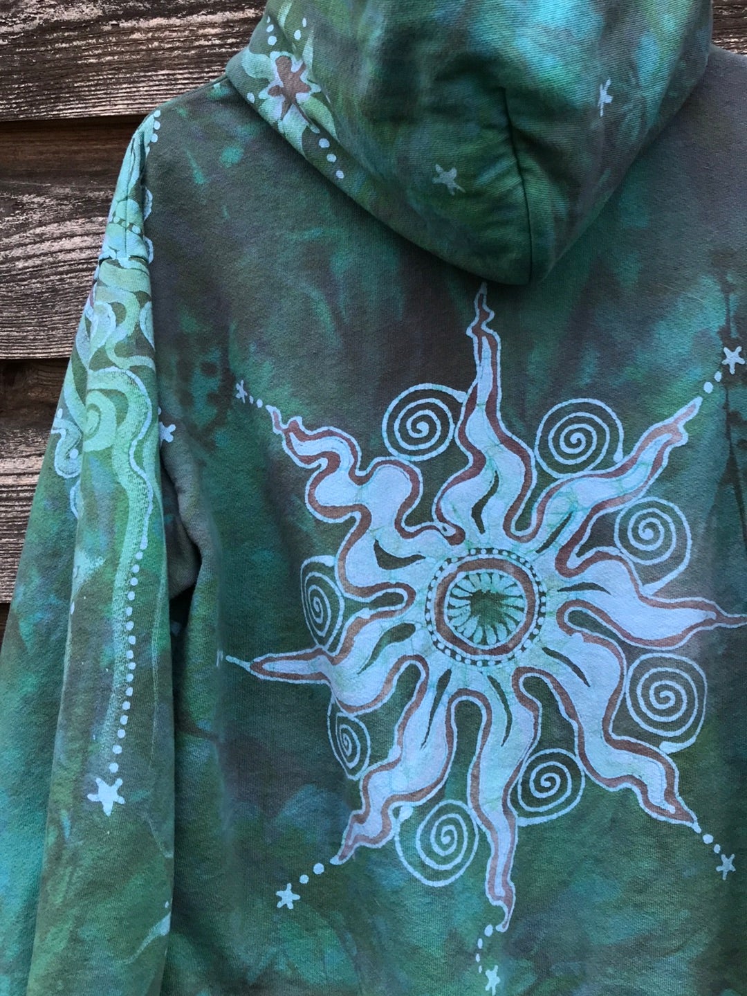 Mushroom and Moss Green Moon Handcrafted Batik Zipper Hoodie - Size Medium hoodie batikwalla