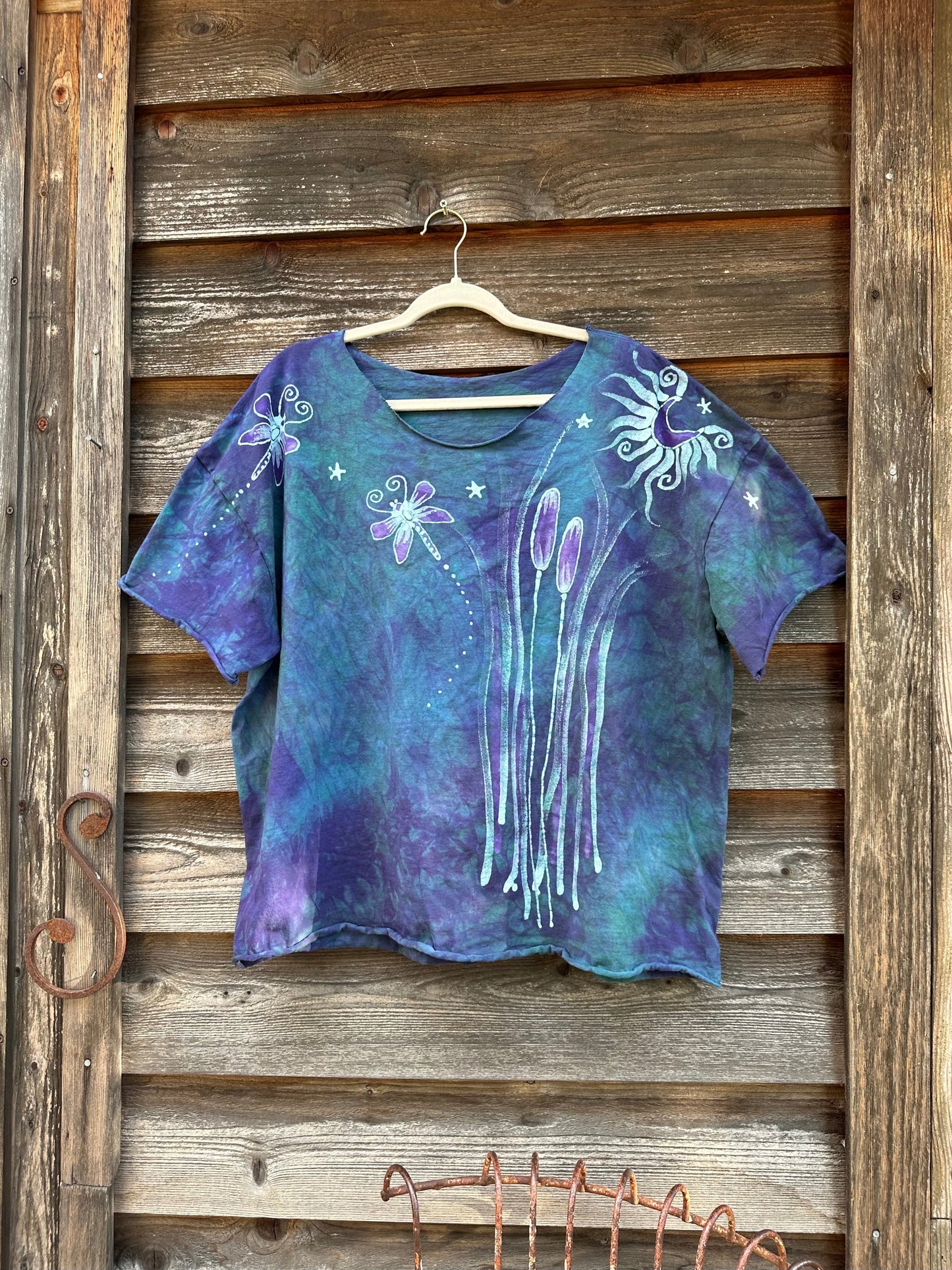 Dragonfly in Teal and Purple Cotton Cropped Crew Tee - Size 2X Shirts & Tops Batikwalla by Victoria