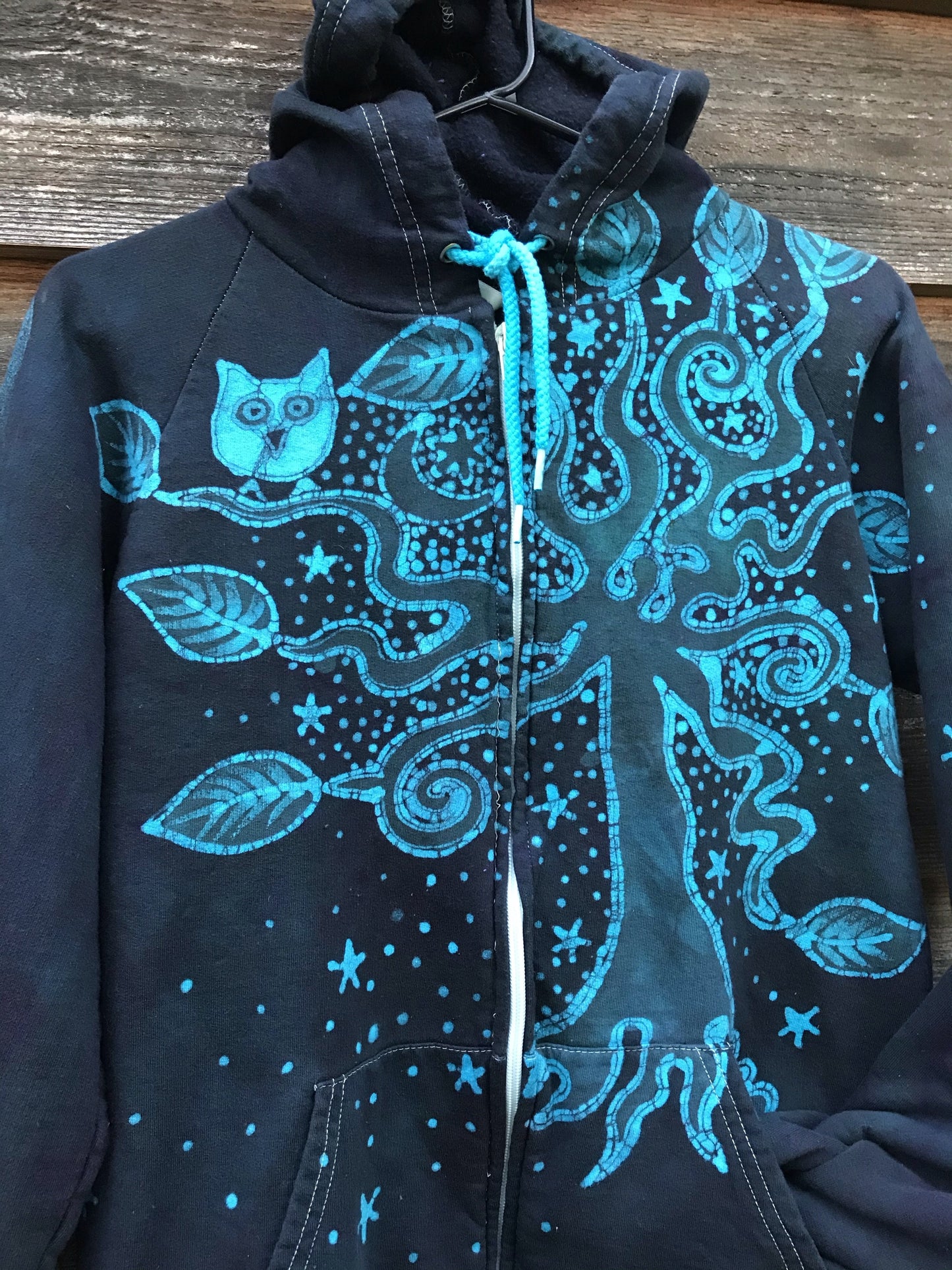 Owl Perched In A Magical Tree Handmade Batik Hoodie - Organic Cotton - Size Small ONLY hoodie batikwalla
