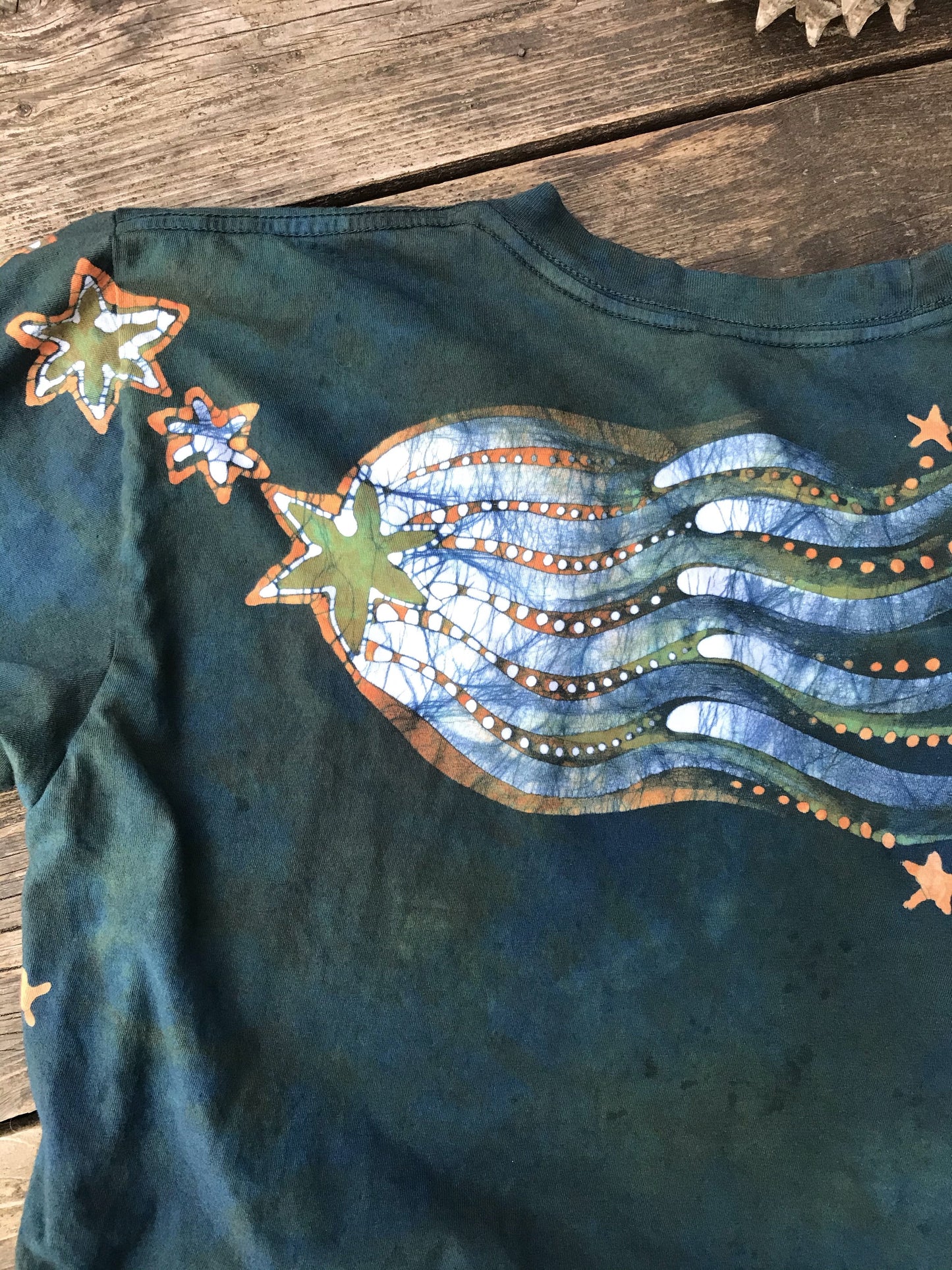 Peach and Teal Moonbeams Hand Painted Batikwalla Vneck Tshirt - Unisex Tshirts batikwalla