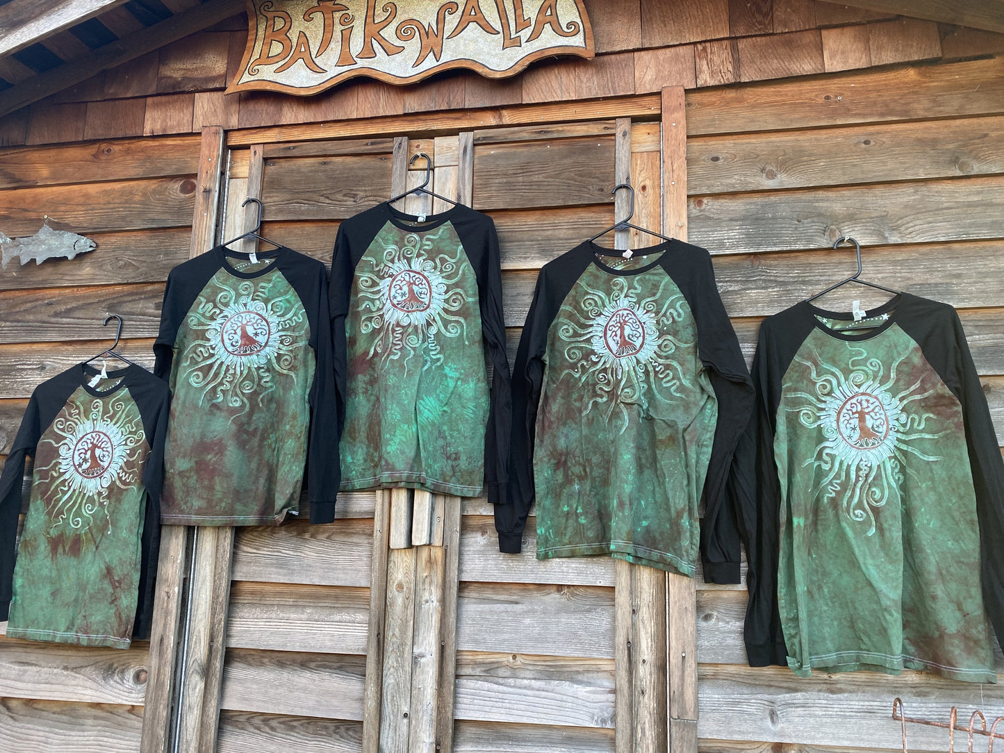 Green Tree of Life Sun Mandala Black Raglan Long Sleeve Batik by Batikwalla Batikwalla