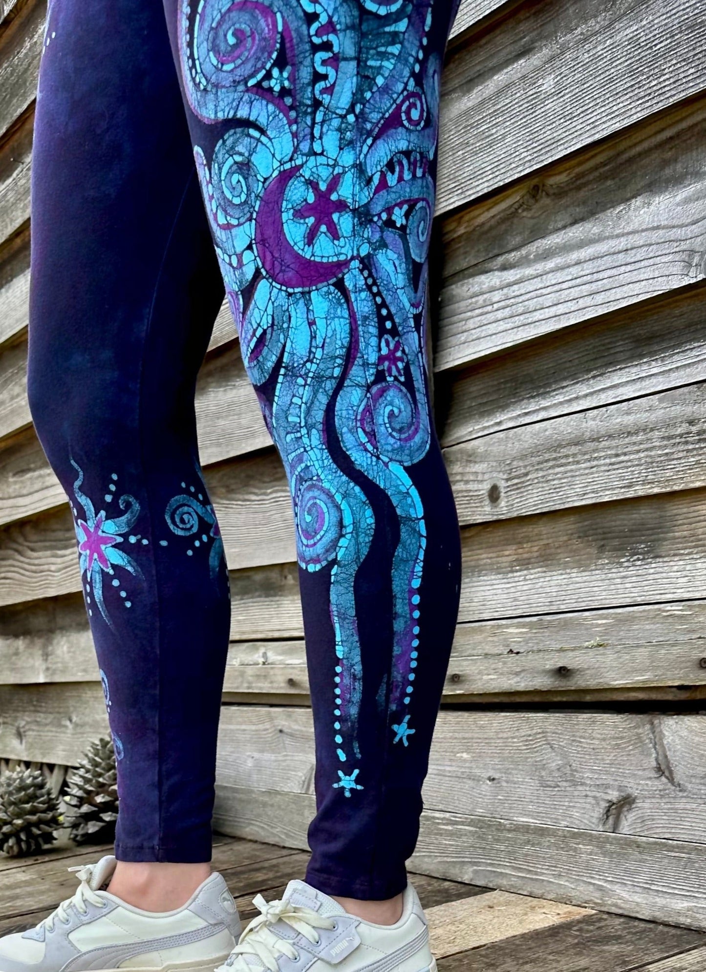 Deep Purple and Turquoise Moon and Star Batik Leggings - Size LARGE leggings batikwalla Large