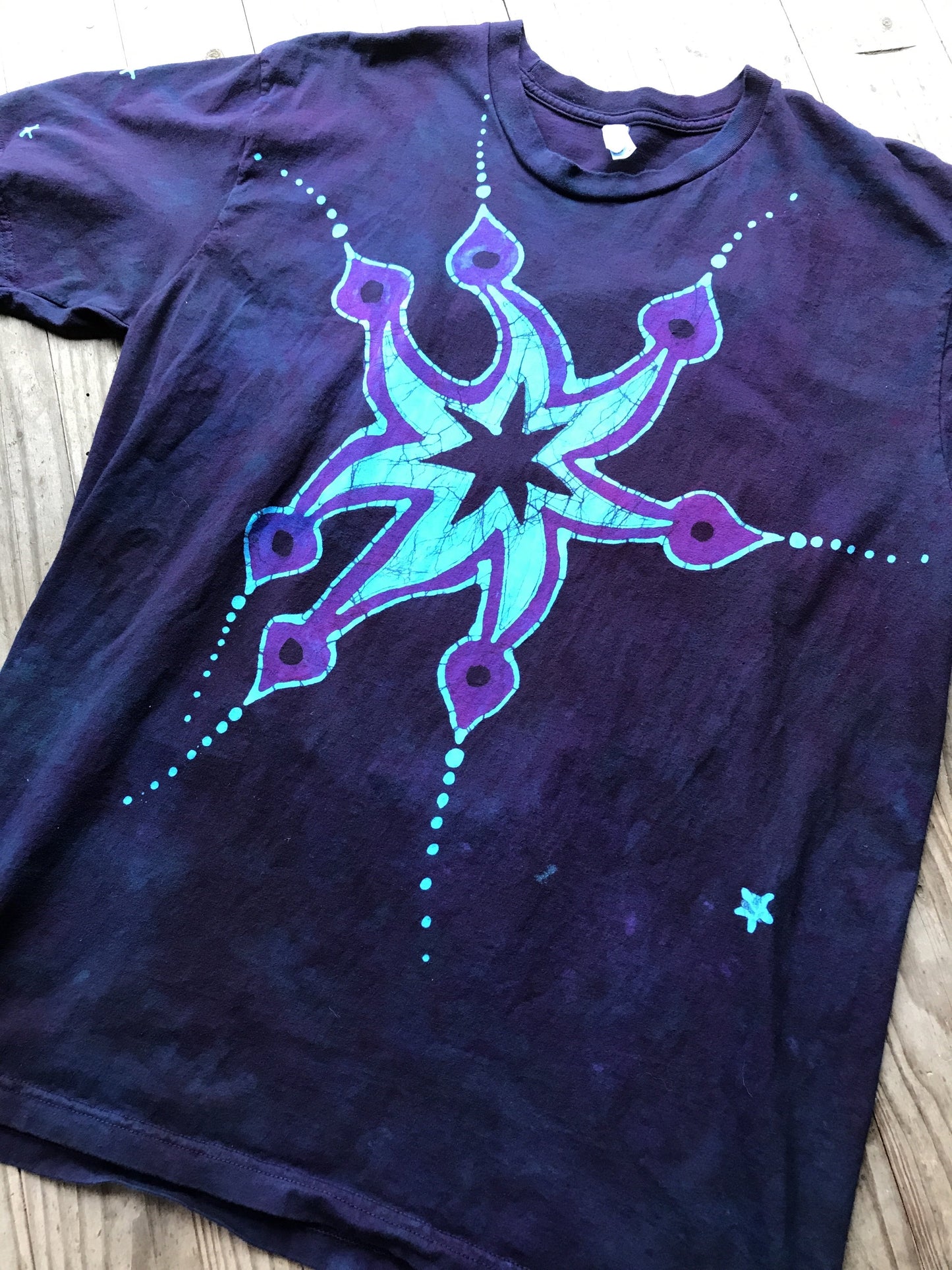 Deep Purple and Turquoise Star Handmade Batik Tshirt - Size XL
