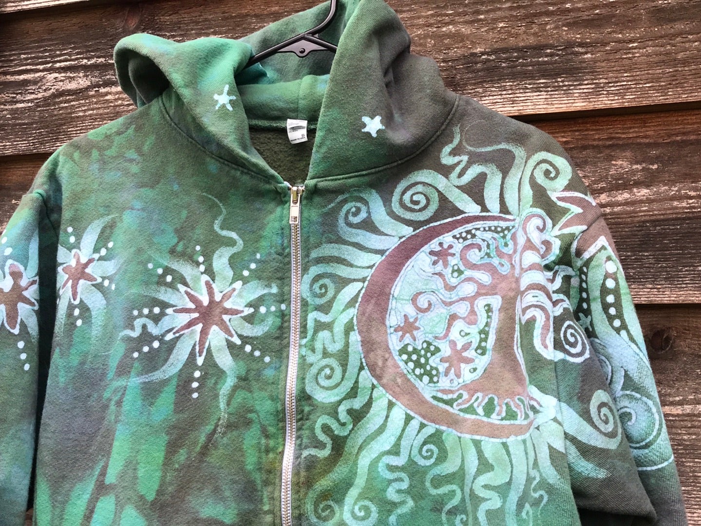 Mushroom and Moss Green Moon Handcrafted Batik Zipper Hoodie - Size Small hoodie batikwalla