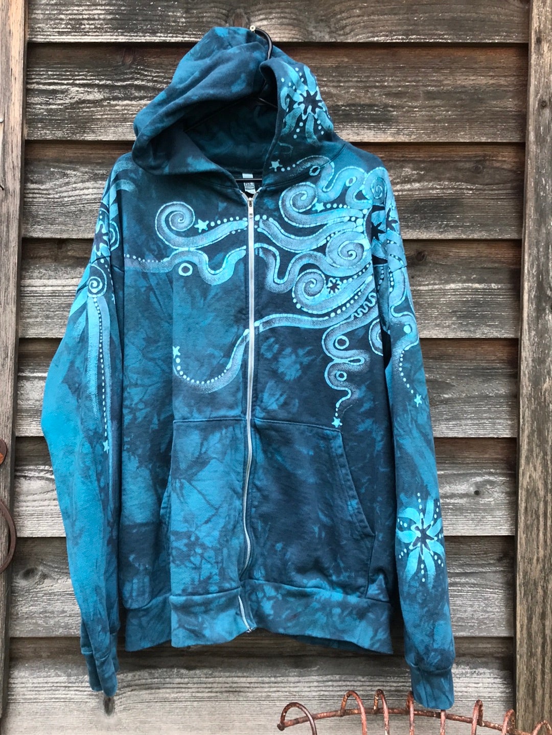 Denim Blue Moon Handcrafted Batik Zipper Hoodie - Size 2X hoodie batikwalla