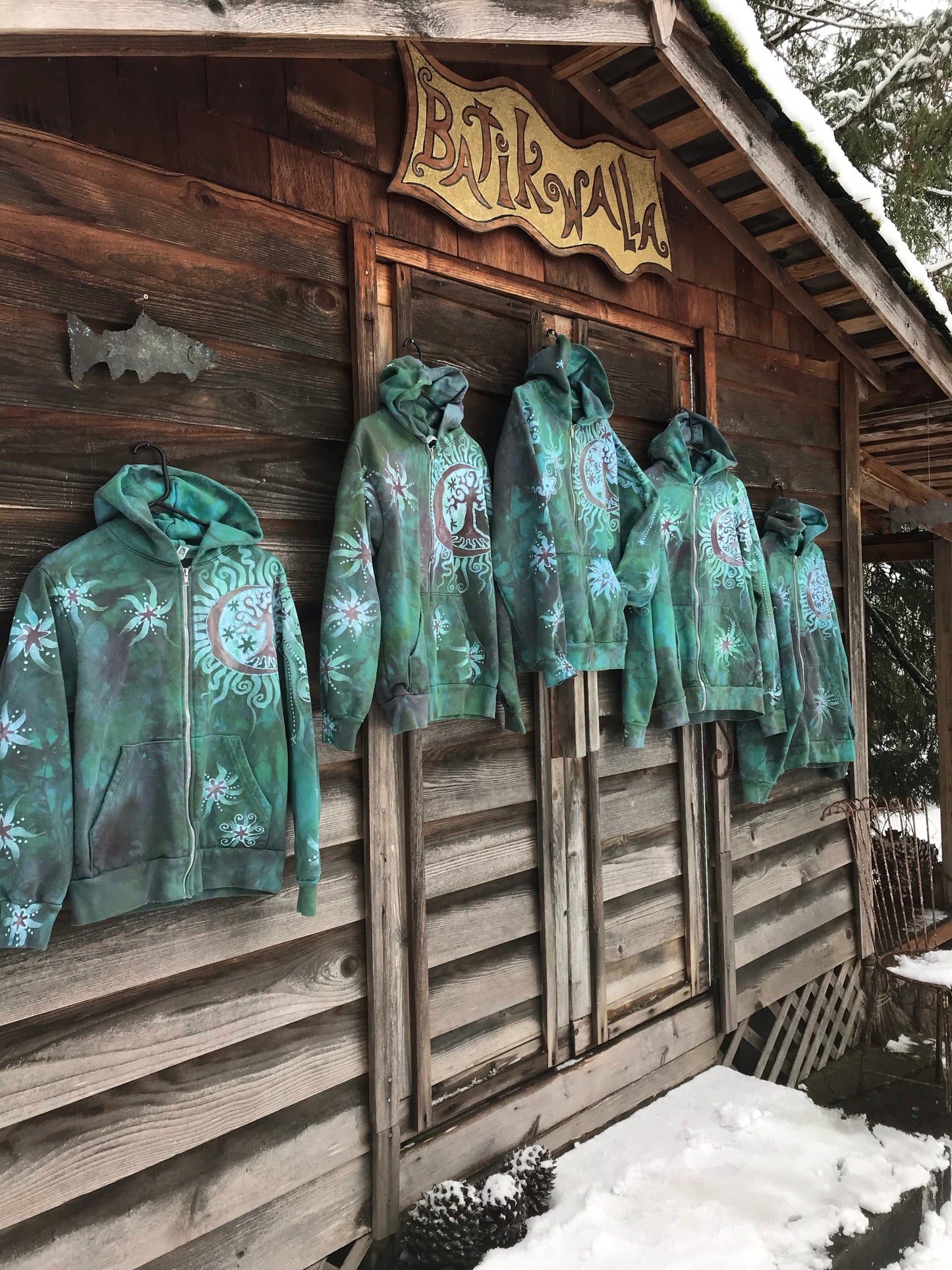 Mushroom and Moss Green Moon Handcrafted Batik Zipper Hoodie - Size Medium hoodie batikwalla