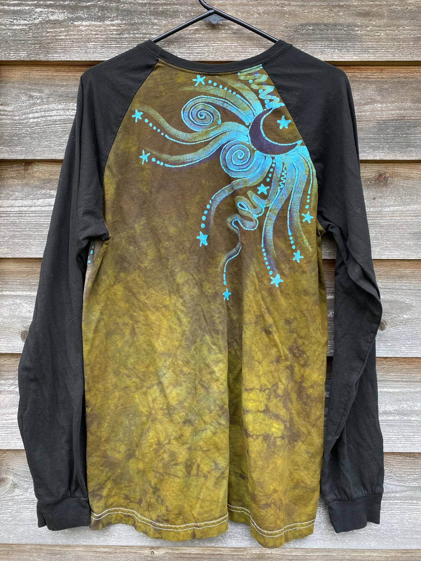 Anomalie - Turquoise Aura Tree Black Raglan Long Sleeve Batik Top by Batikwalla - Size Large Batikwalla