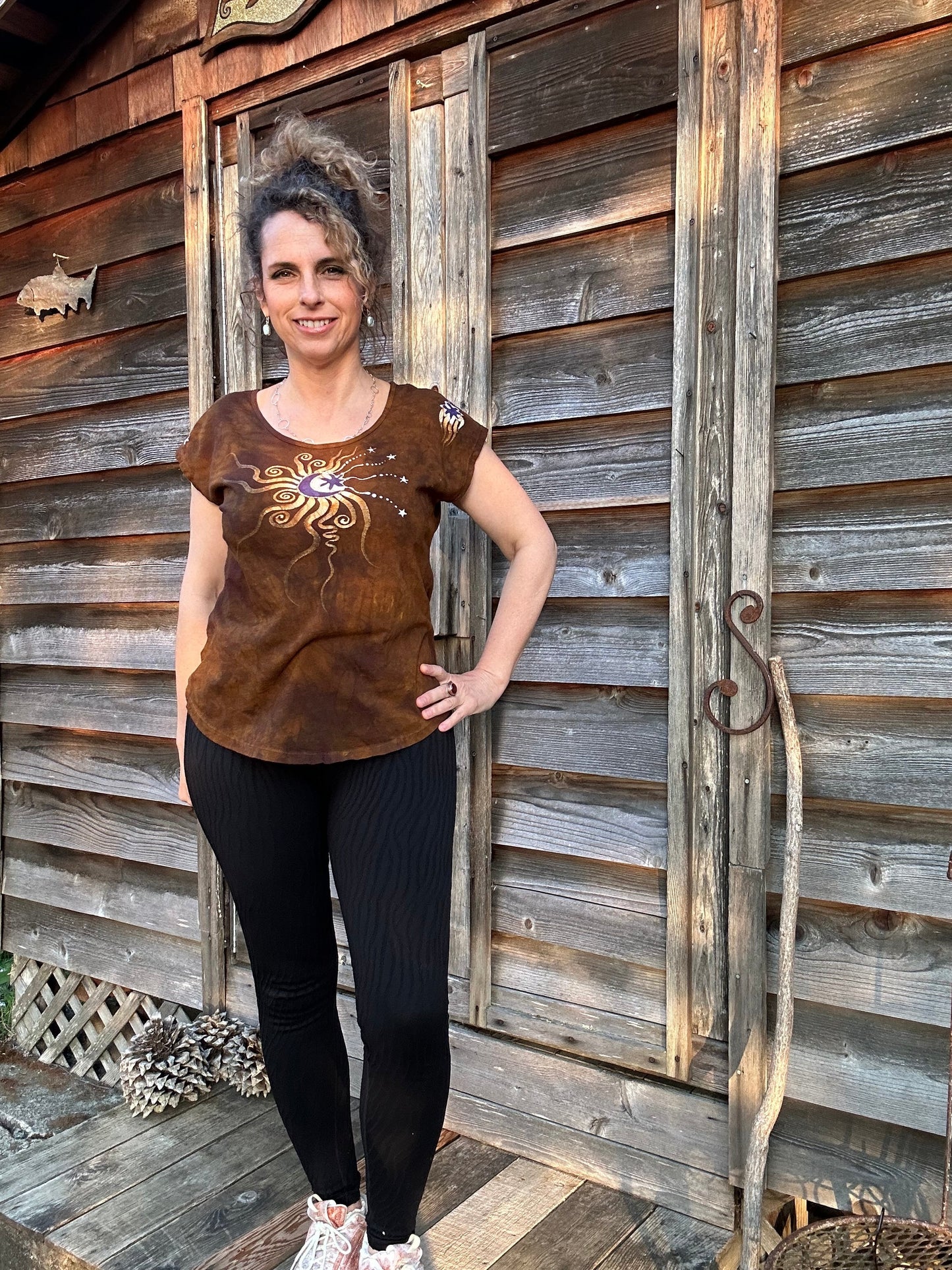Dark Gold and Purple Moonbeams Handmade Batik Scoop Neck Tshirt Tops batikwalla Small