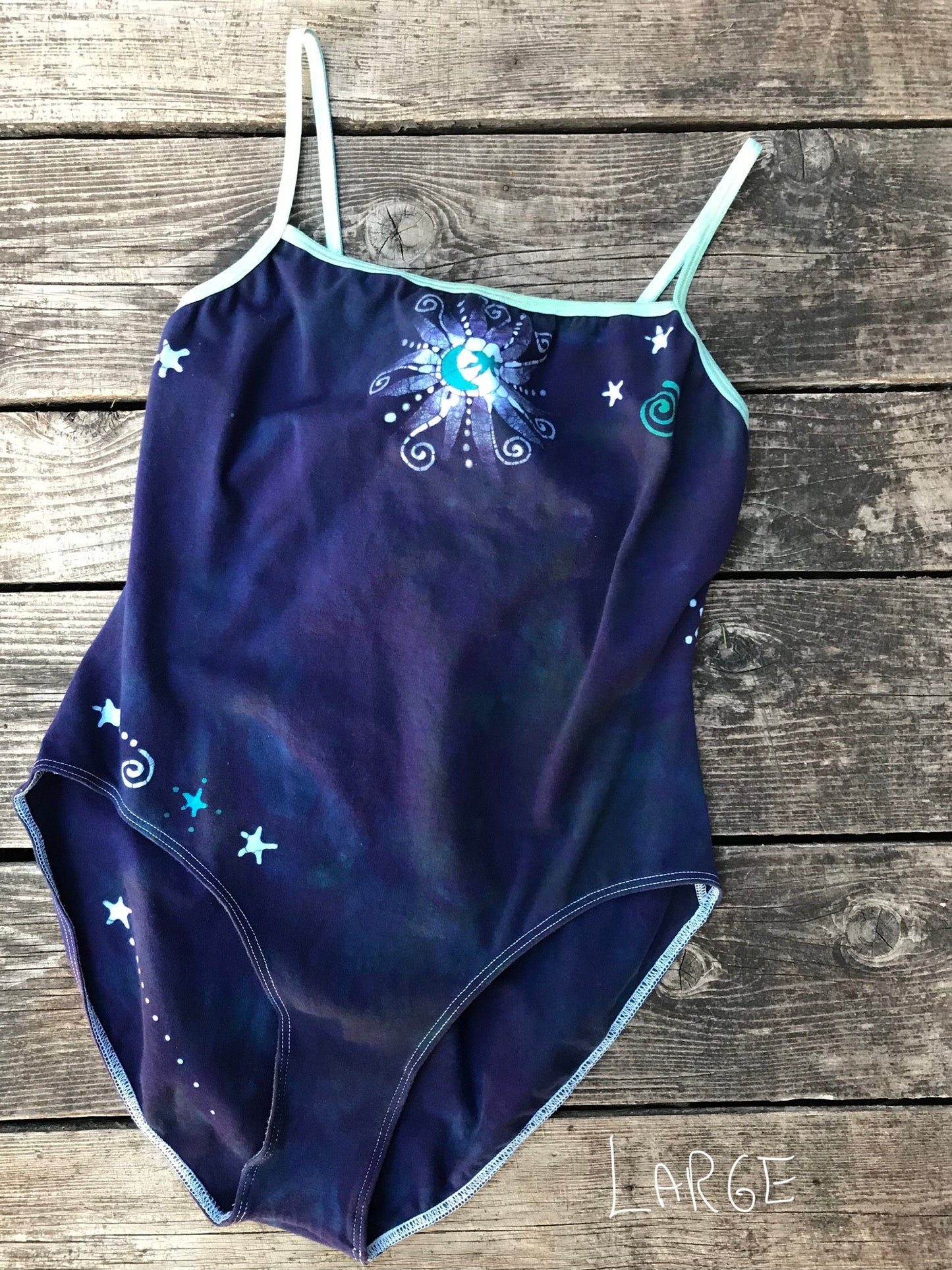 Aqua Sun Purple Moondance Hand Painted Batik Leotard Tops batikwalla Large
