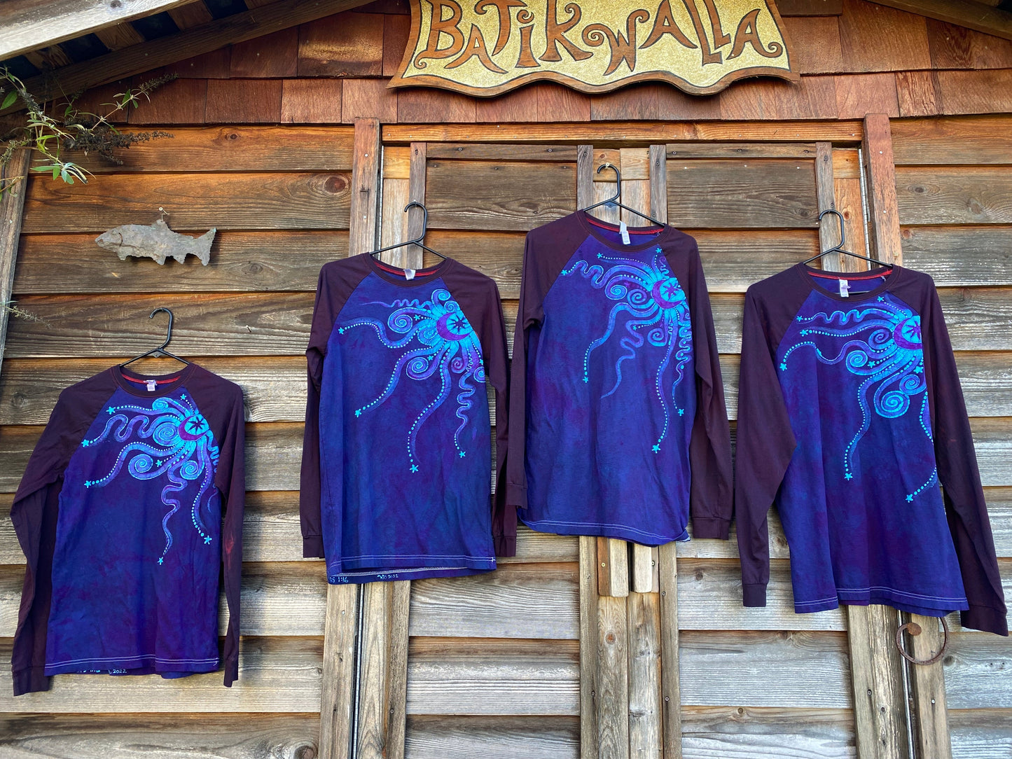 Midnight Blue and Purple Moon Swirls Black Raglan 3/4 Sleeve Batik Top Tops Batikwalla 2X