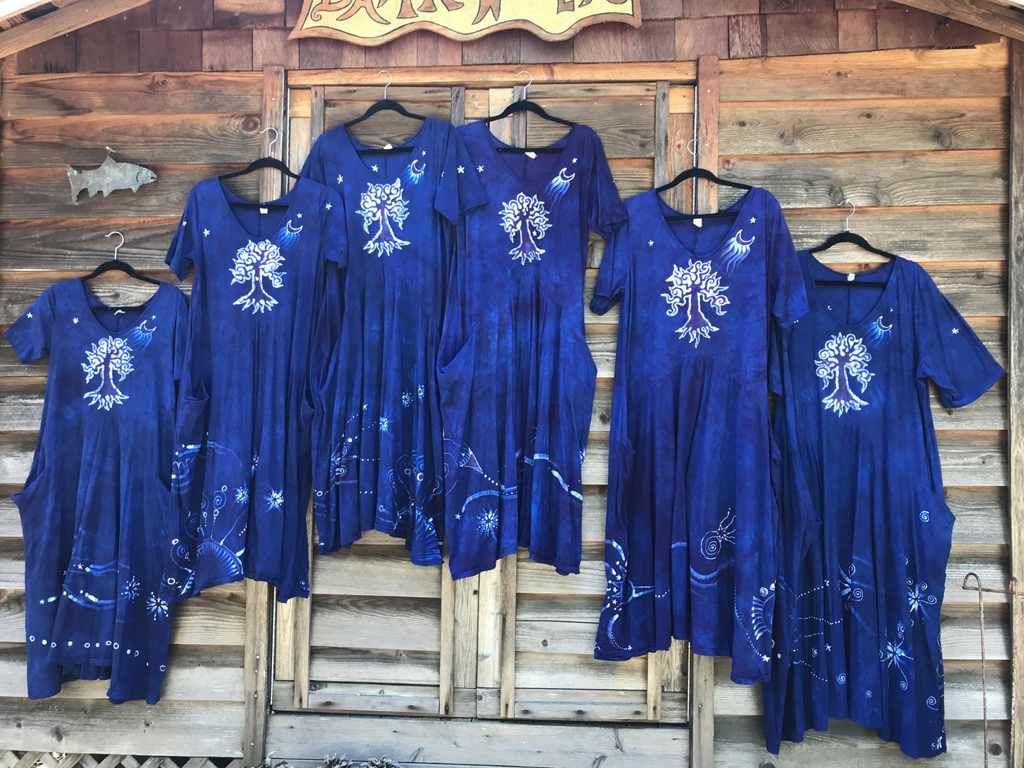 Blue Moon Galaxy - Hand Painted Short Sleeve Batik Dress - With Pockets Batik Dresses Batikwalla