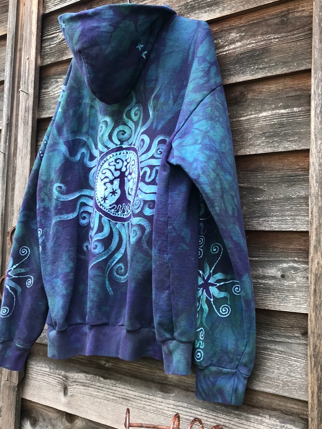 Teal and Purple Tree of Life Handcrafted Batik Zipper Hoodie - Size 2X hoodie batikwalla