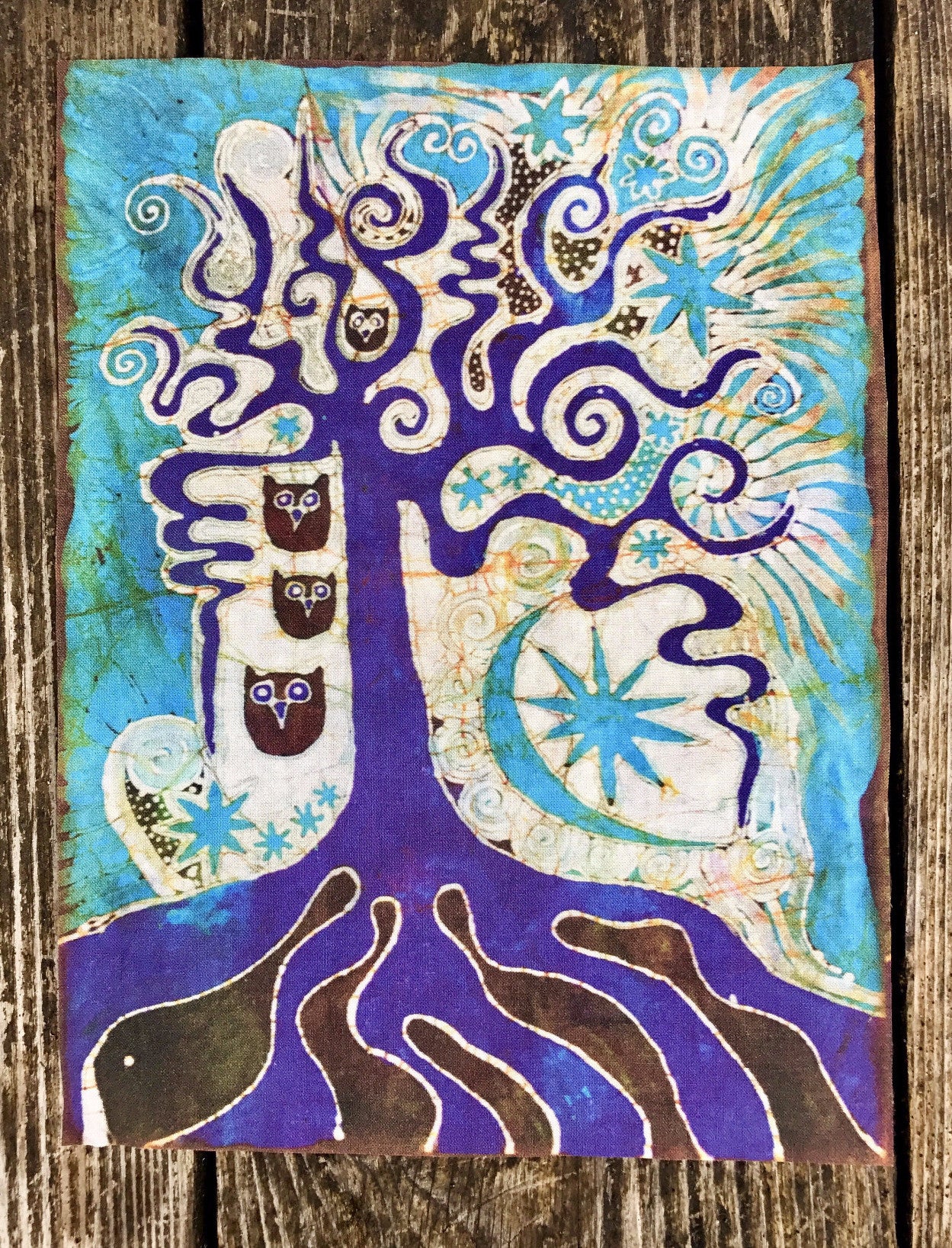 Purple Roots With Owls Batik Fabric Print
