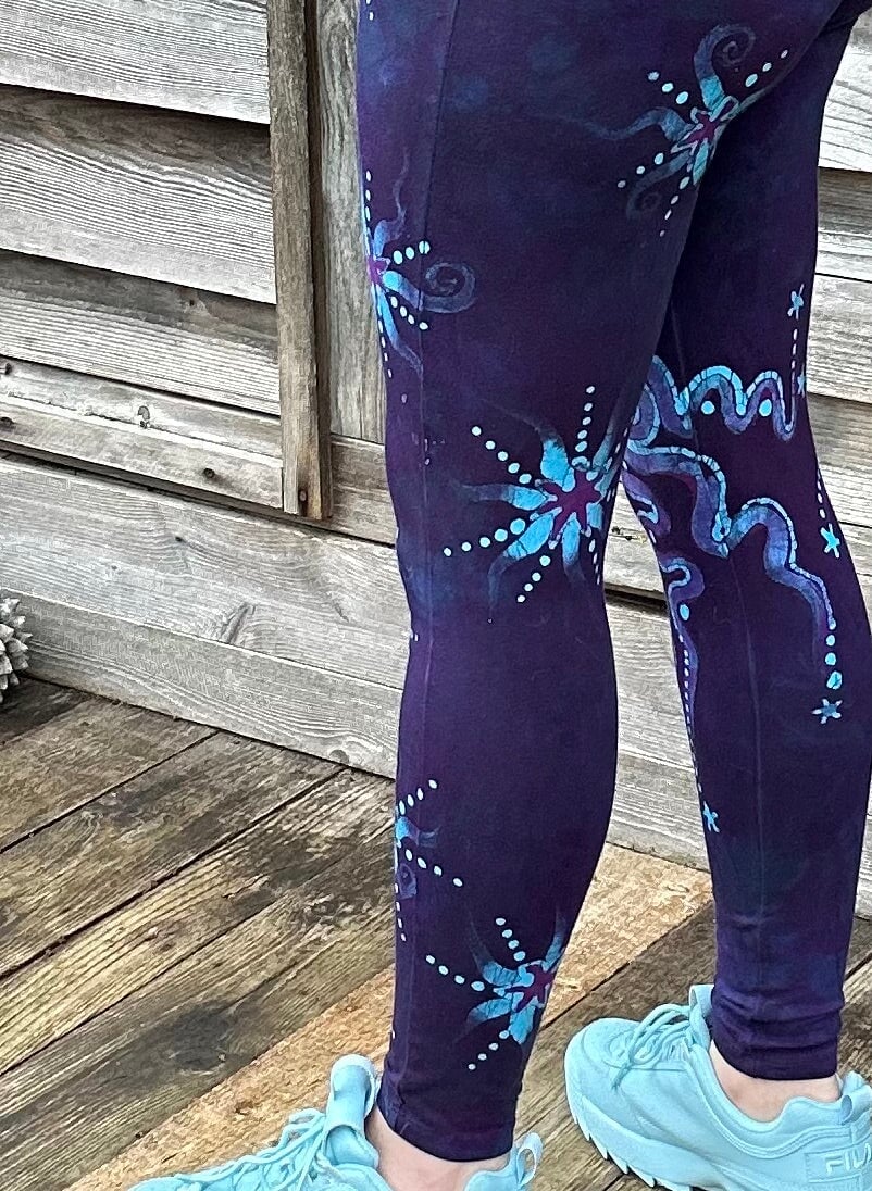 Deep Purple and Turquoise Moon & Star Batik Leggings - Size SMALL leggings batikwalla