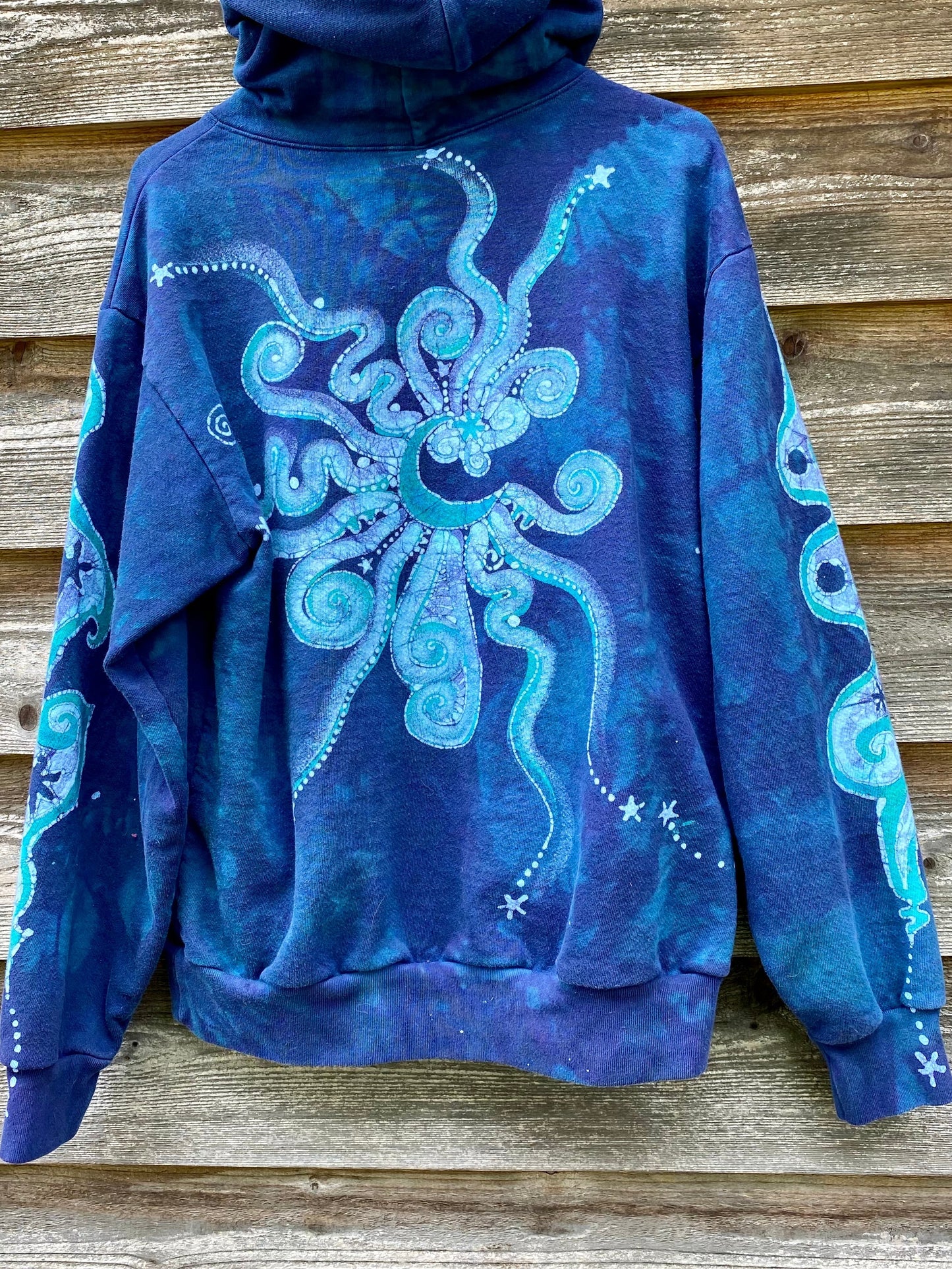 Aqua Serene Moon and Stars - Handcrafted Batik Pullover Hoodie - Size Small ONLY hoodie batikwalla