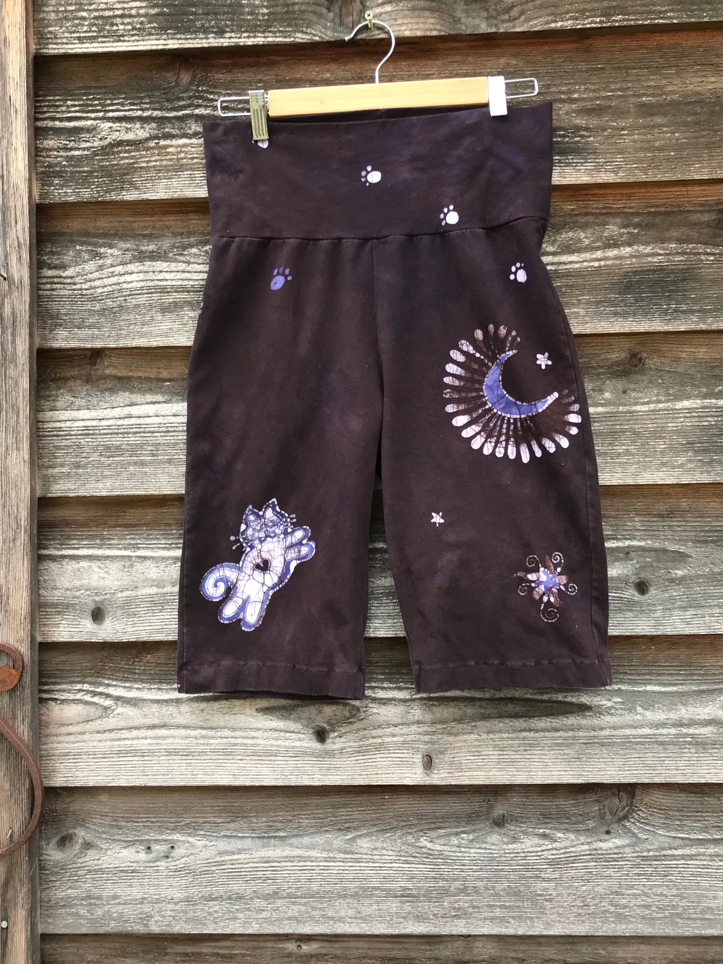 Slim Cat and Moon and Stars Batik Biker Shorts - Purple Eggplant Batikwalla by Victoria