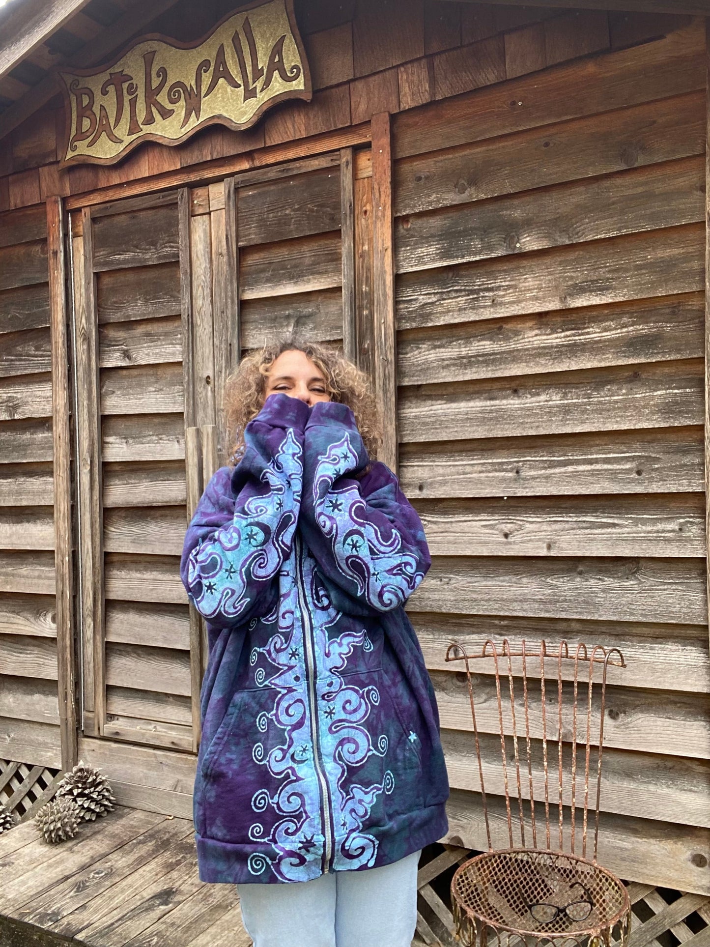 Teal and Purple Tuxedo Swirls with Stars Handcrafted Batik Zipper Hoodie - Size 2X hoodie batikwalla