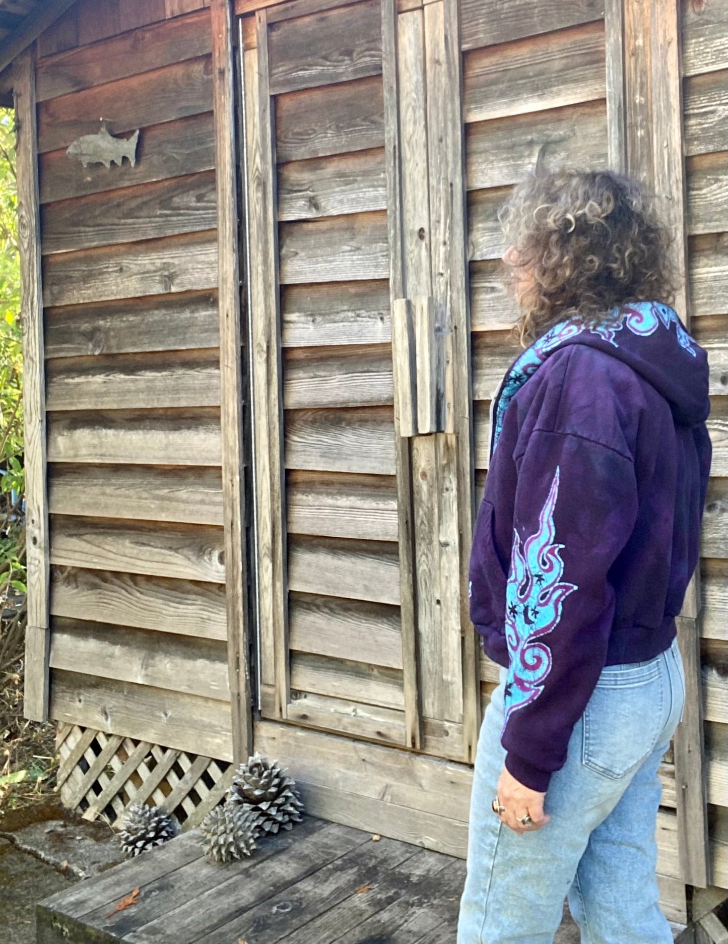 Midnight Purple with Turquoise Flames Handmade Batik Hoodie - Size M/L hoodie batikwalla