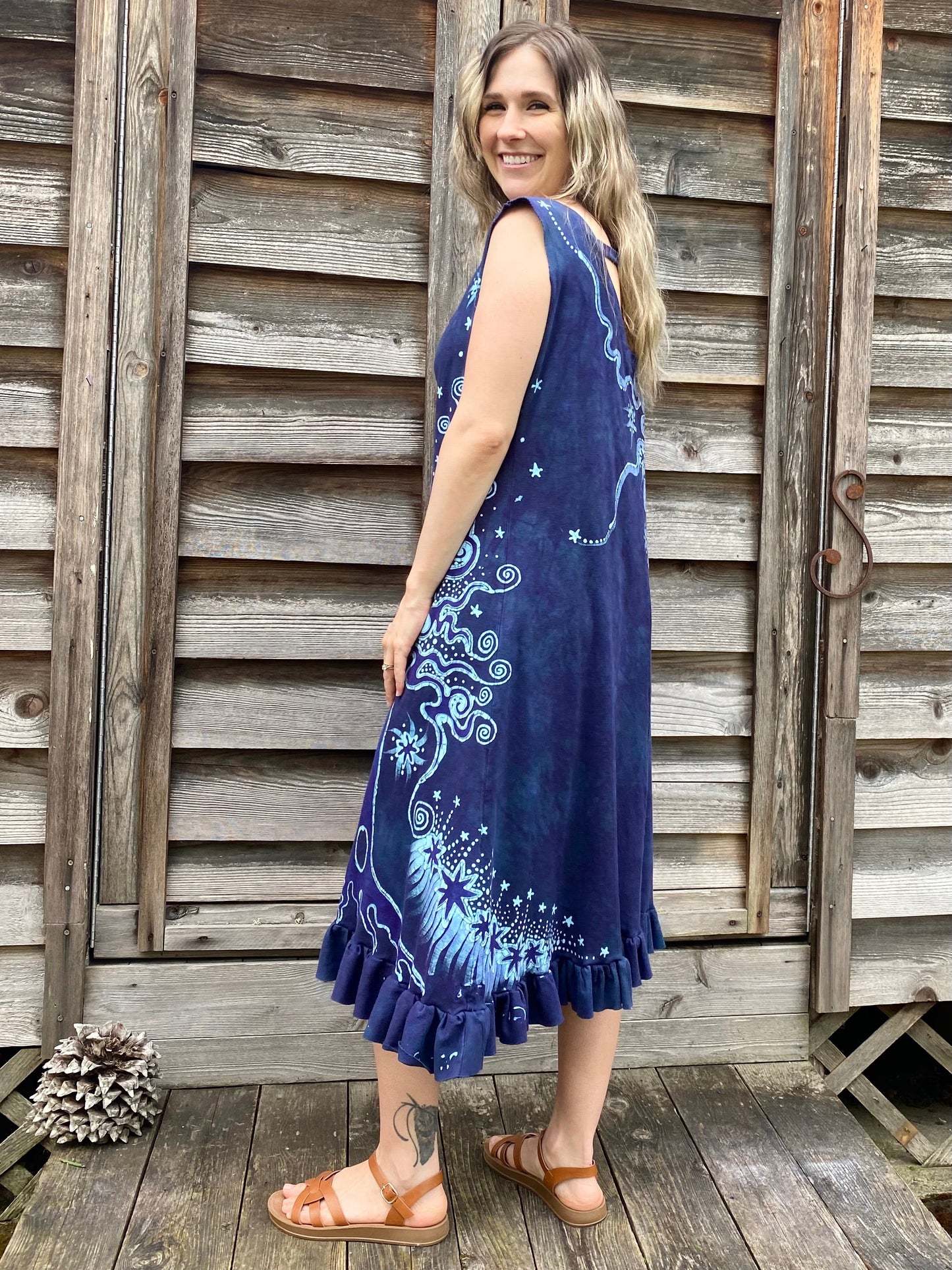 Teal and Purple Tree in the Forest Organic Cotton Batik Dress Batik Dresses Batikwalla