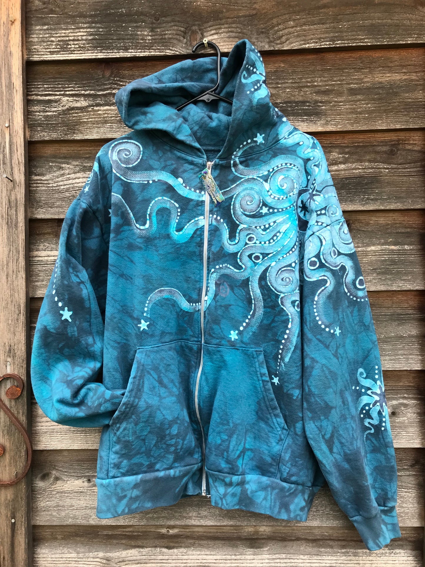 Denim Blue Moon Handcrafted Batik Zipper Hoodie - Size 2X hoodie batikwalla