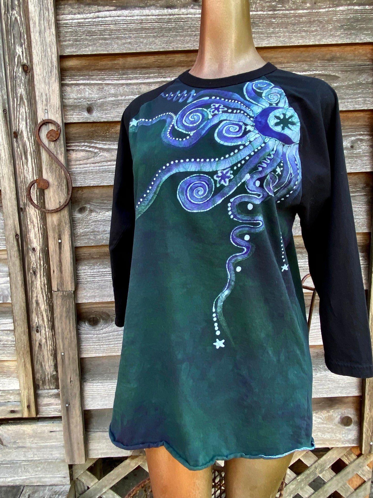 Teal Moonbeams Black Raglan 3/4 Sleeve Batik Top Batikwalla