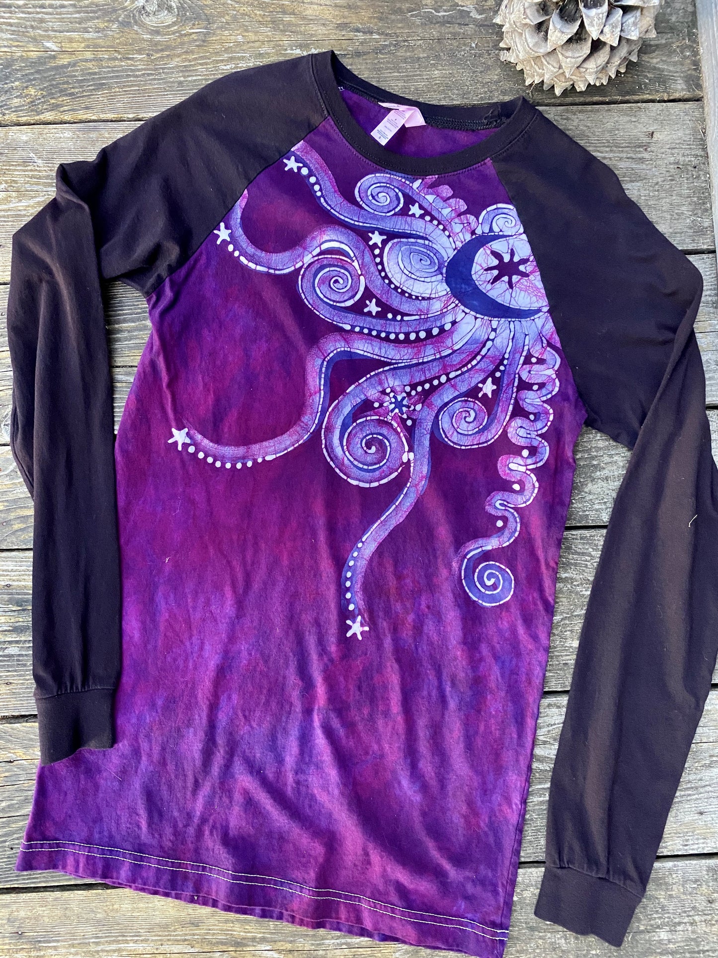 Dark Magenta Jeweled Moonbeams Black Raglan Long Sleeve Batik Top by Batikwalla Batikwalla