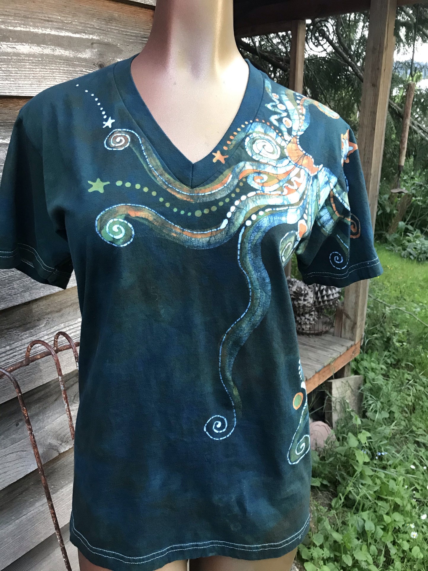 Peach and Teal Moonbeams Hand Painted Batikwalla Vneck Tshirt - Unisex Tshirts batikwalla