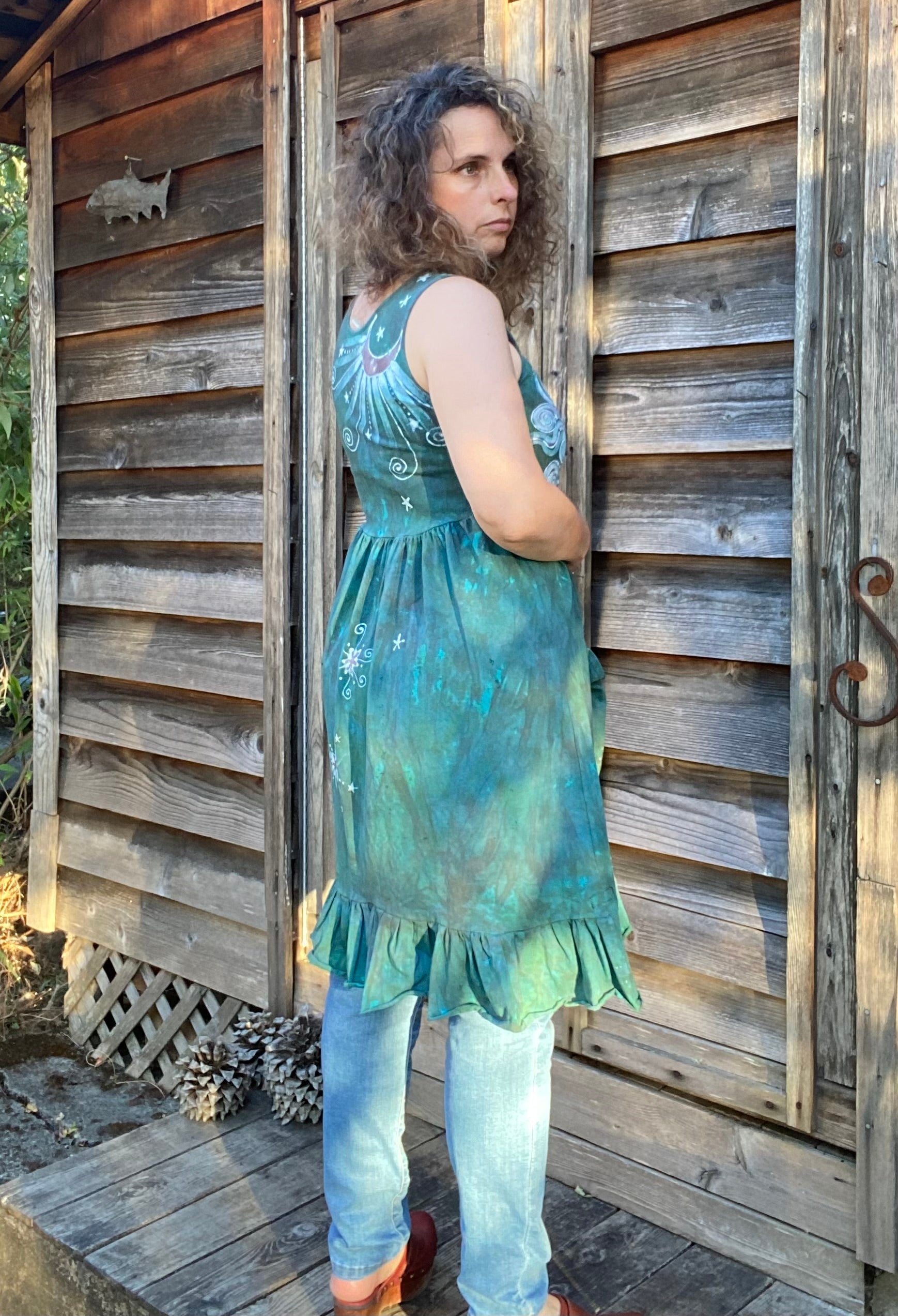 Mist in the Moss Forest - Farmer's Market Pocket Dress - Size Small Batik Dresses Batikwalla