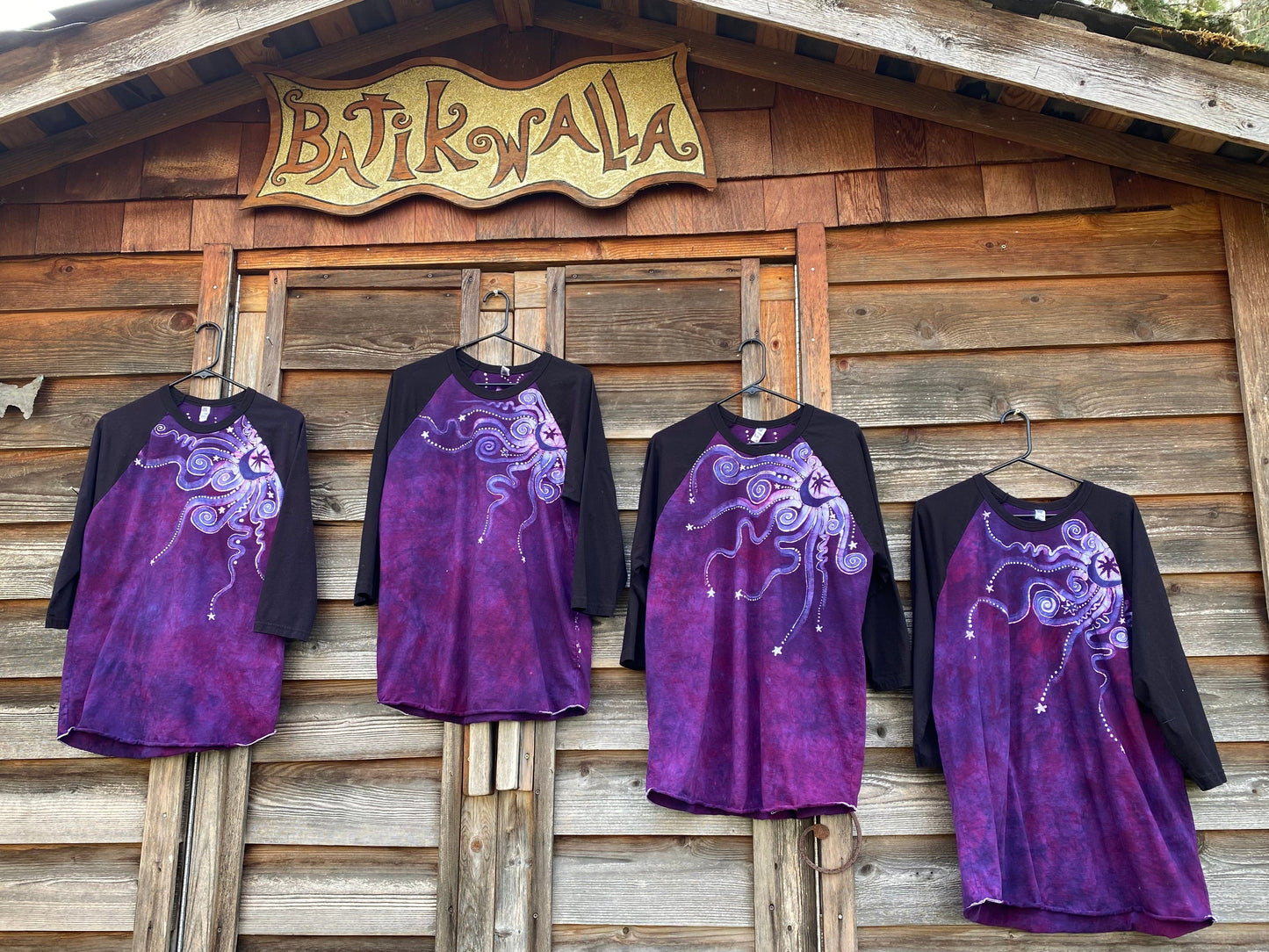 Magenta Moonbeams Black Raglan Quarter Sleeve Batik Top Batikwalla XL