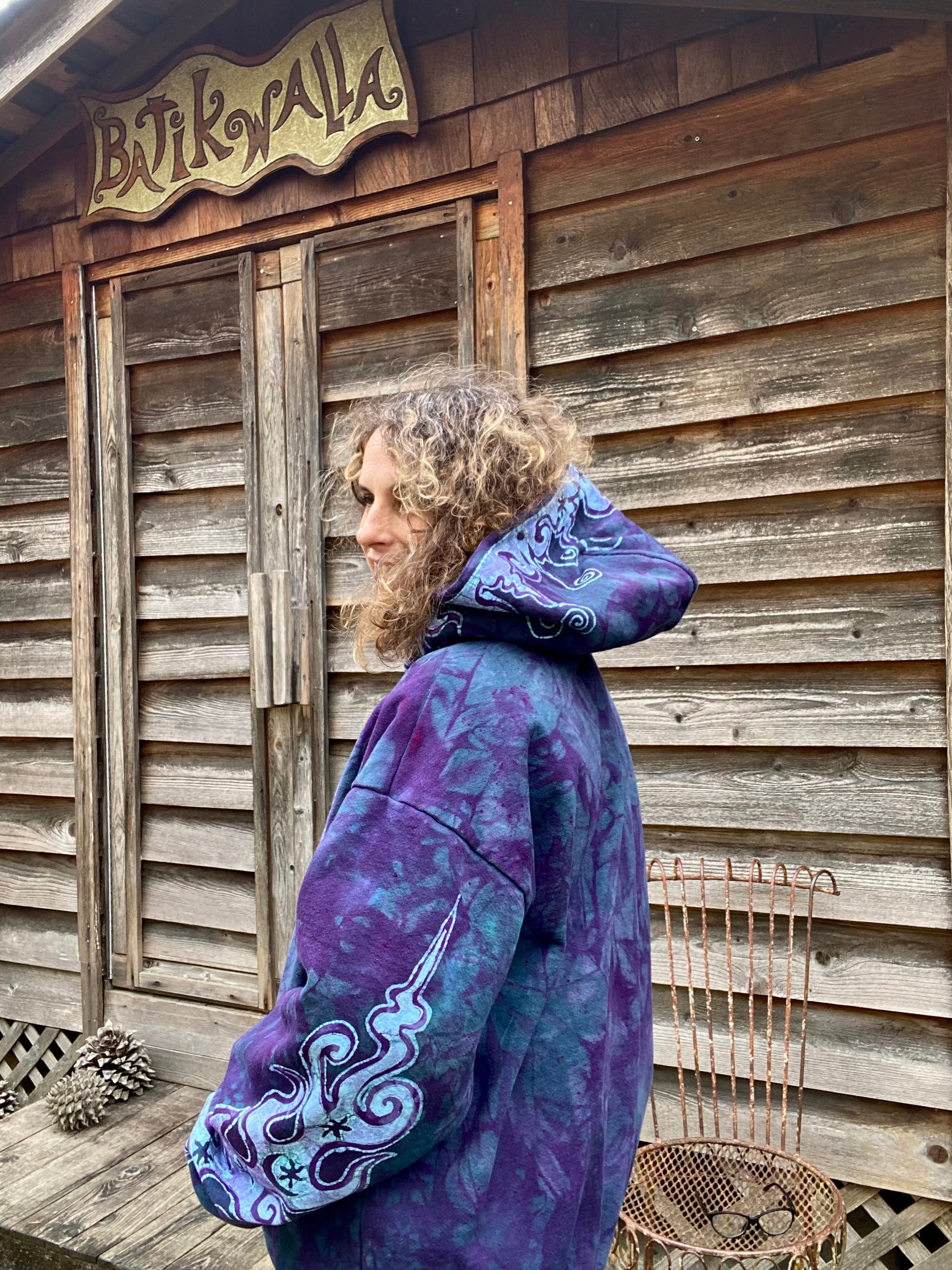 Teal and Purple Tuxedo Swirls with Stars Handcrafted Batik Zipper Hoodie - Size 2X hoodie batikwalla
