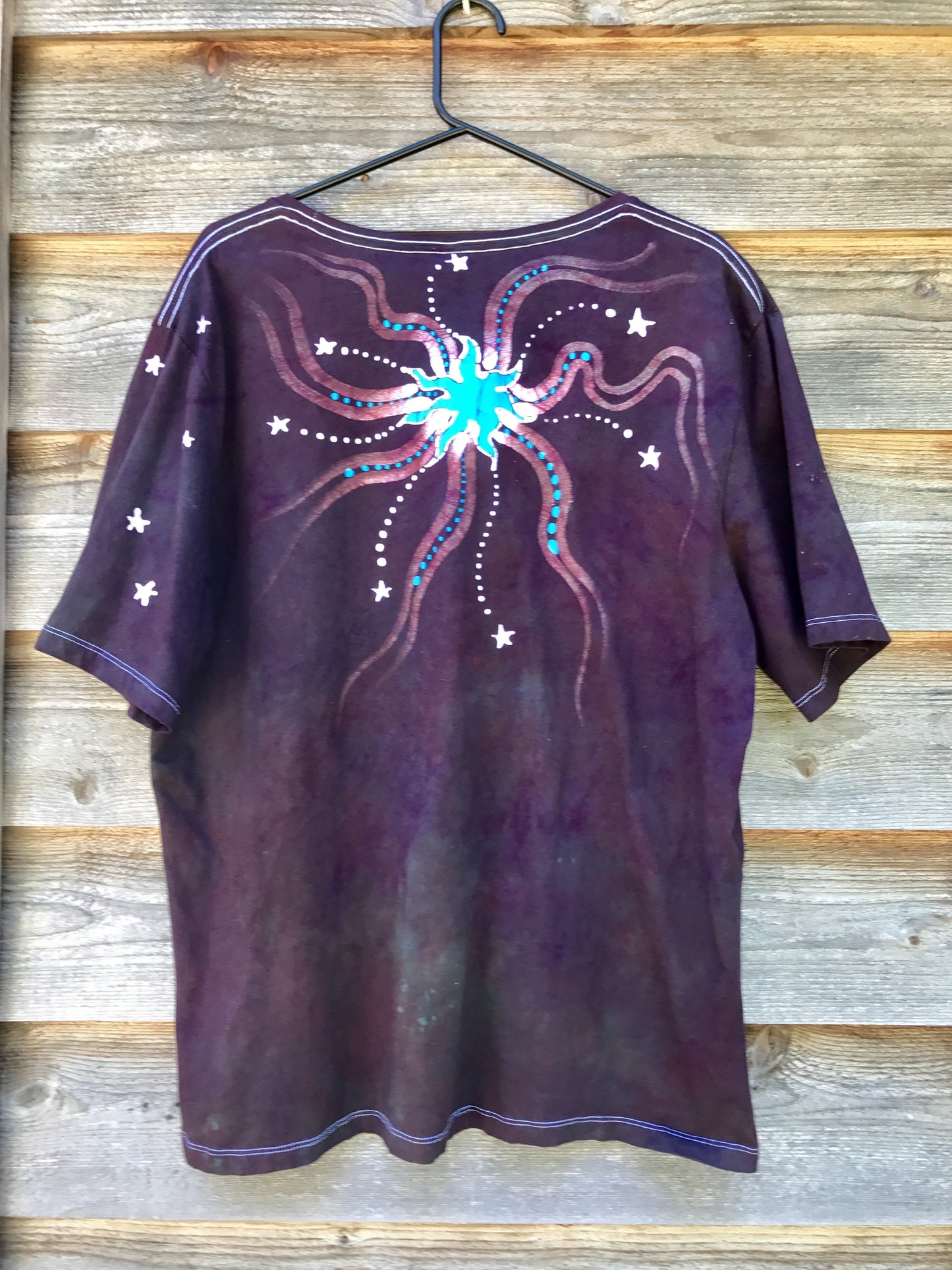 Rust and Turquoise Moonbeams Handmade Batik Scoop Neck Tshirt - Size XL