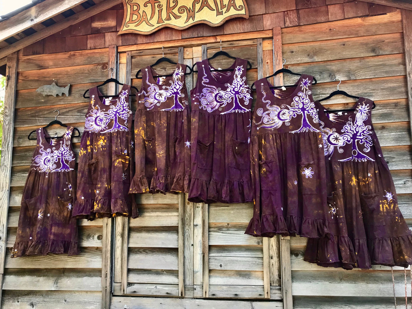 Golden Sun Purple Forest Farmer's Market Pocket Dress - Size Medium Batik Dresses Batikwalla