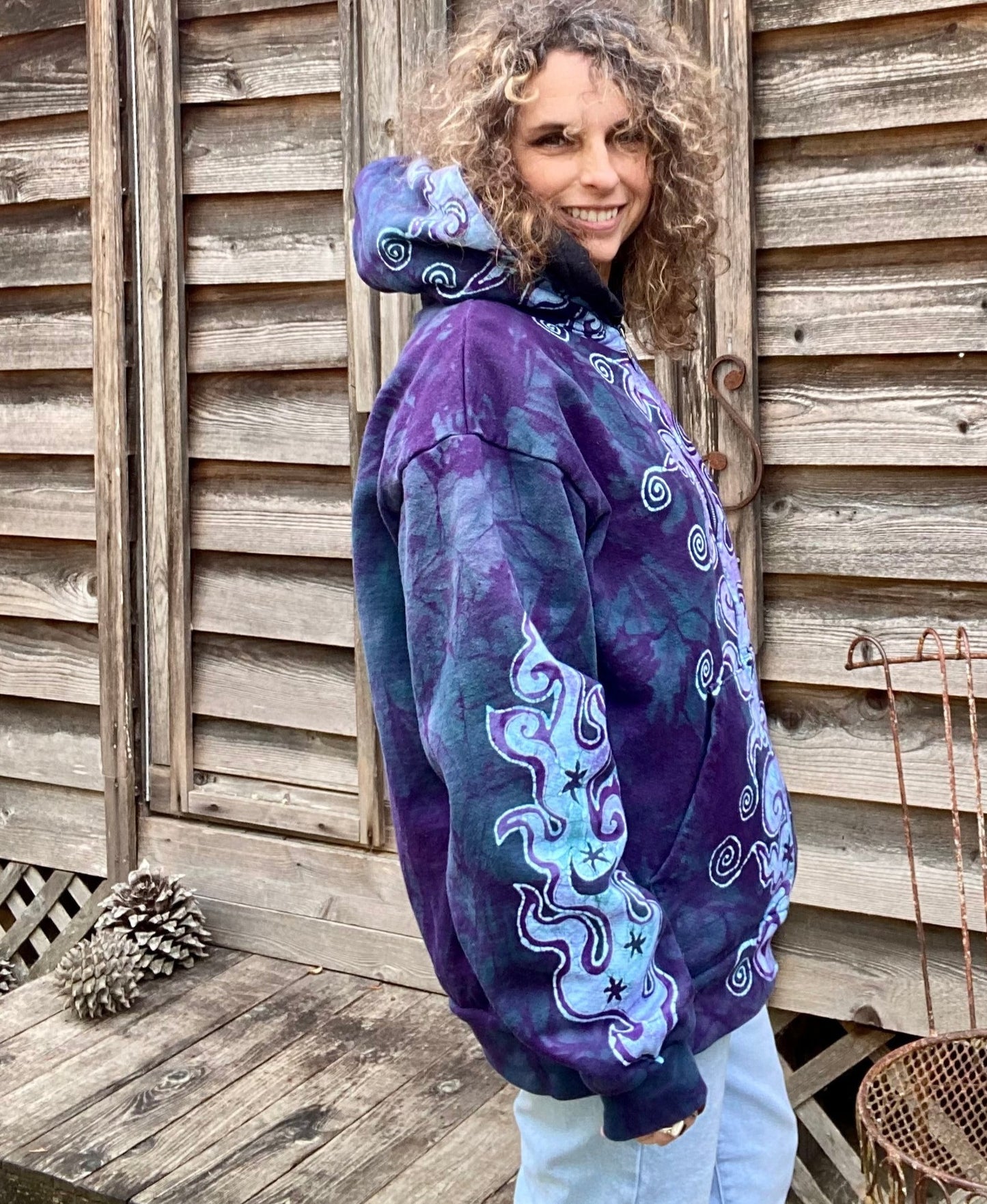 Teal and Purple Tuxedo Swirls with Stars Handcrafted Batik Zipper Hoodie - Large hoodie batikwalla