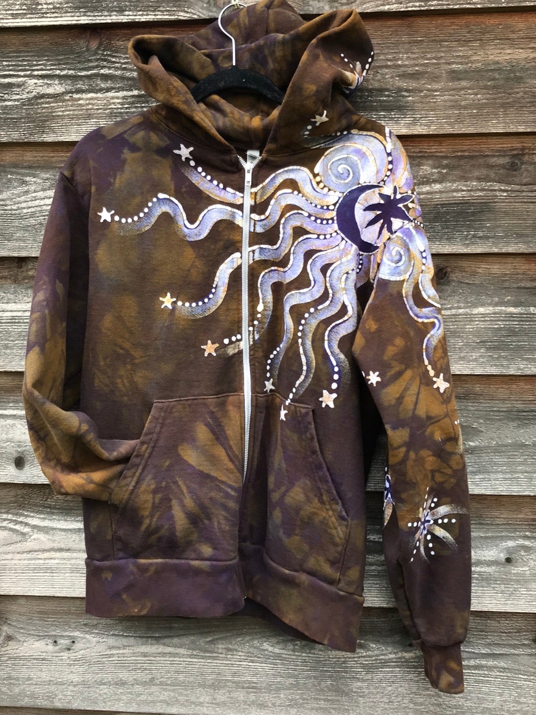 Dark Gold and Purple Moon and Star Handcrafted Batik Zipper Hoodie - Size Small hoodie batikwalla