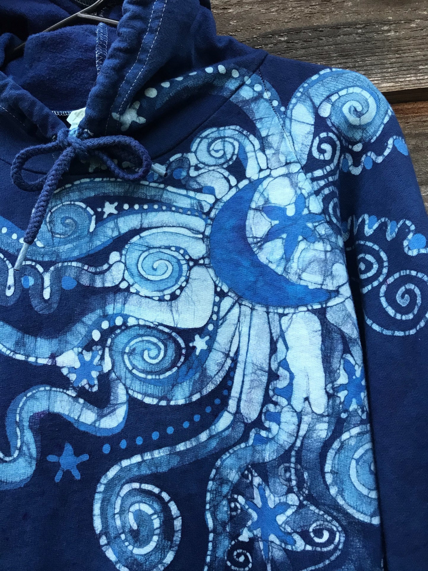 Blue Rain Moonpower Pullover Batik Hoodie - Handcrafted In Organic Cotton - Size Small ONLY hoodie batikwalla