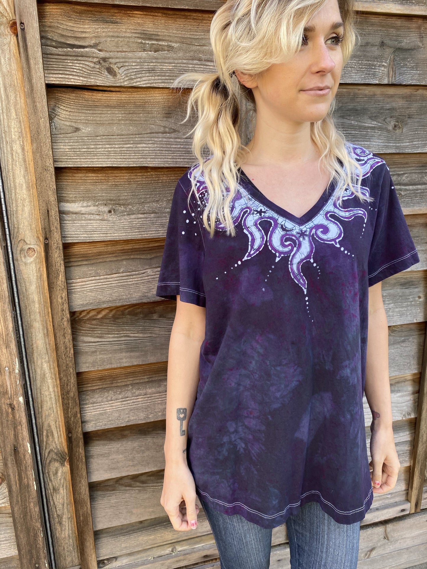 Internal Flames Of Purple Passion Vneck Top - Size Medium Tops batikwalla