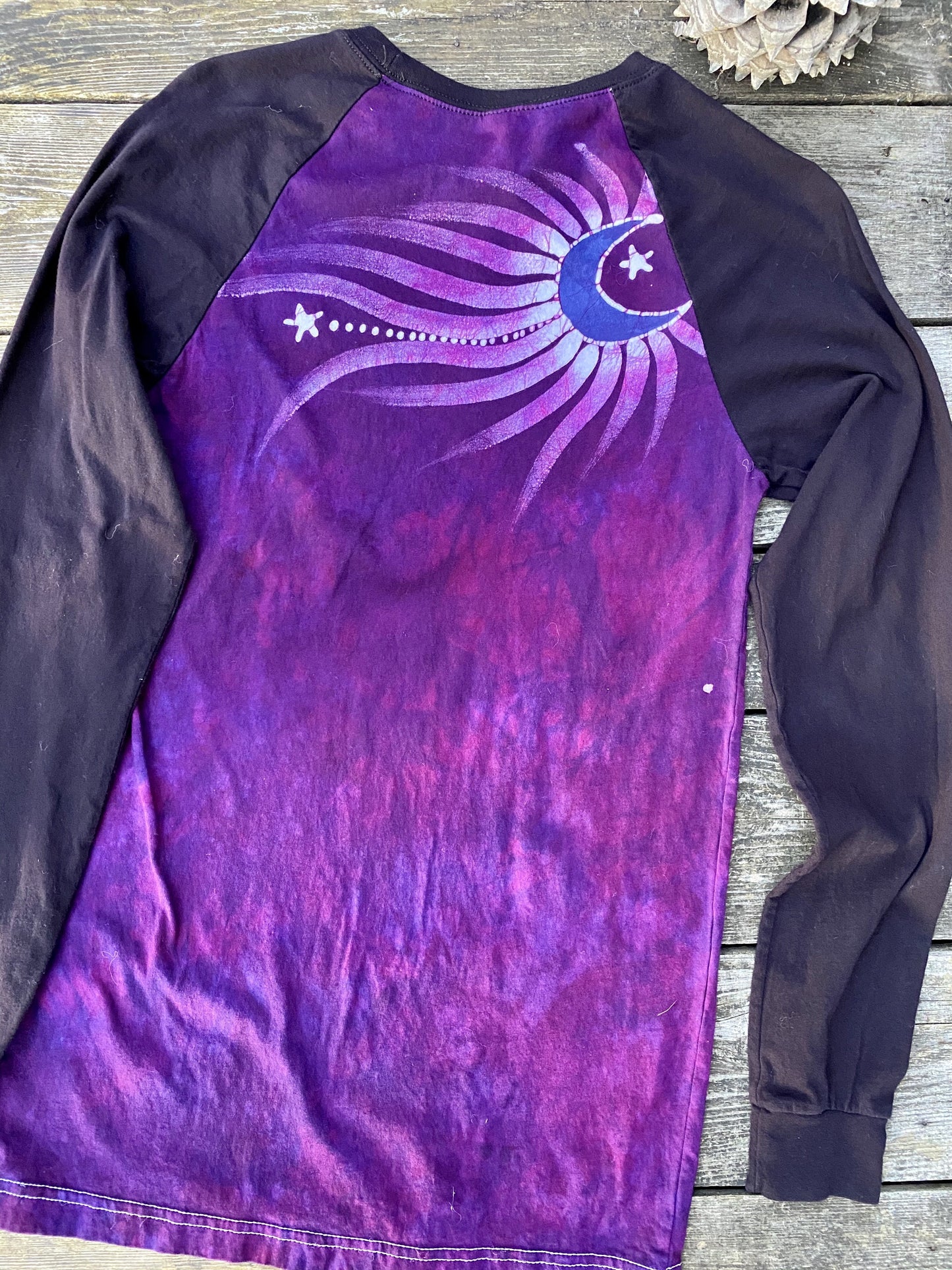 Dark Magenta Jeweled Moonbeams Black Raglan Long Sleeve Batik Top by Batikwalla Batikwalla