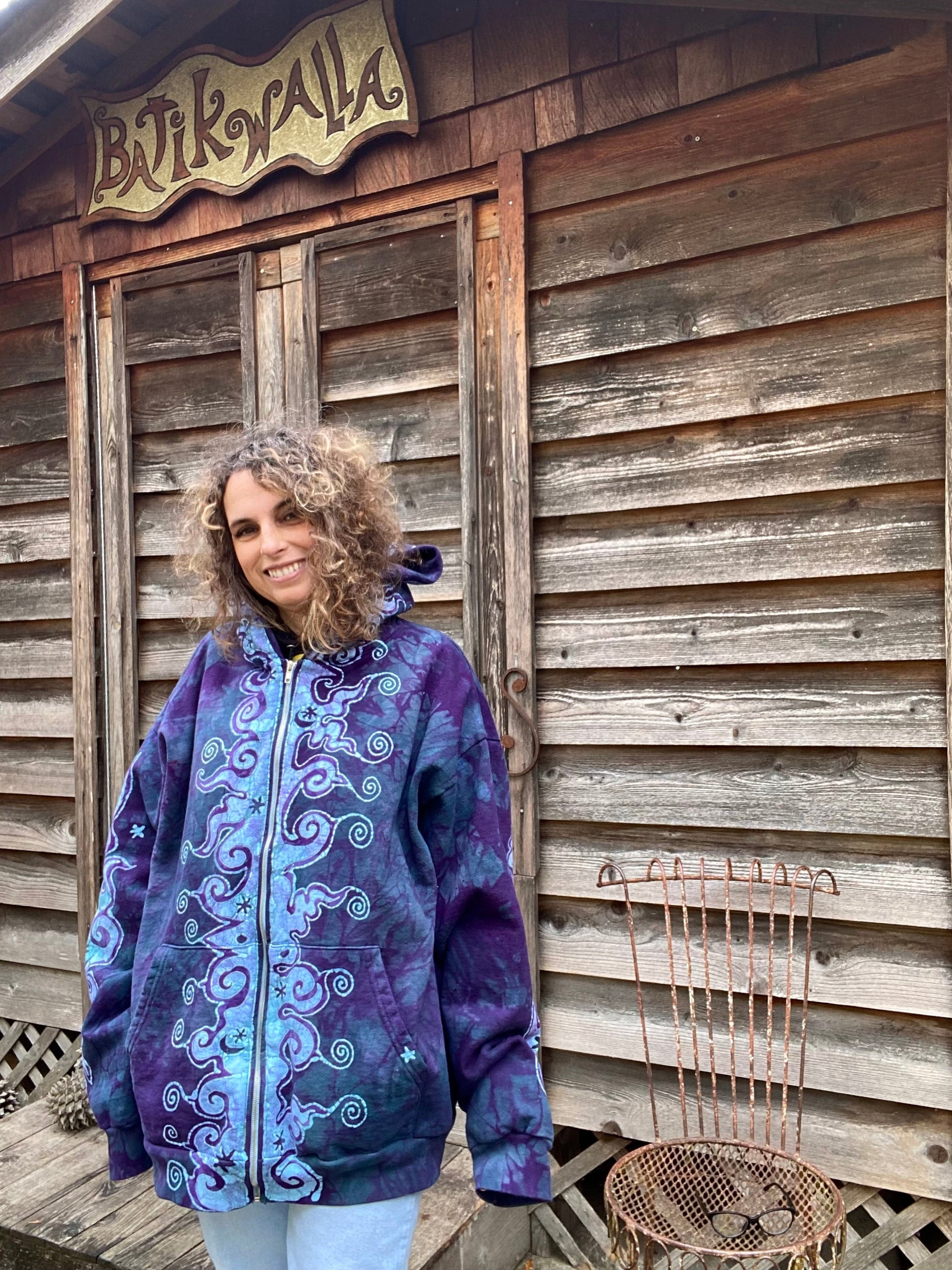 Teal and Purple Tuxedo Swirls with Stars Handcrafted Batik Zipper Hoodie - Size 2X hoodie batikwalla