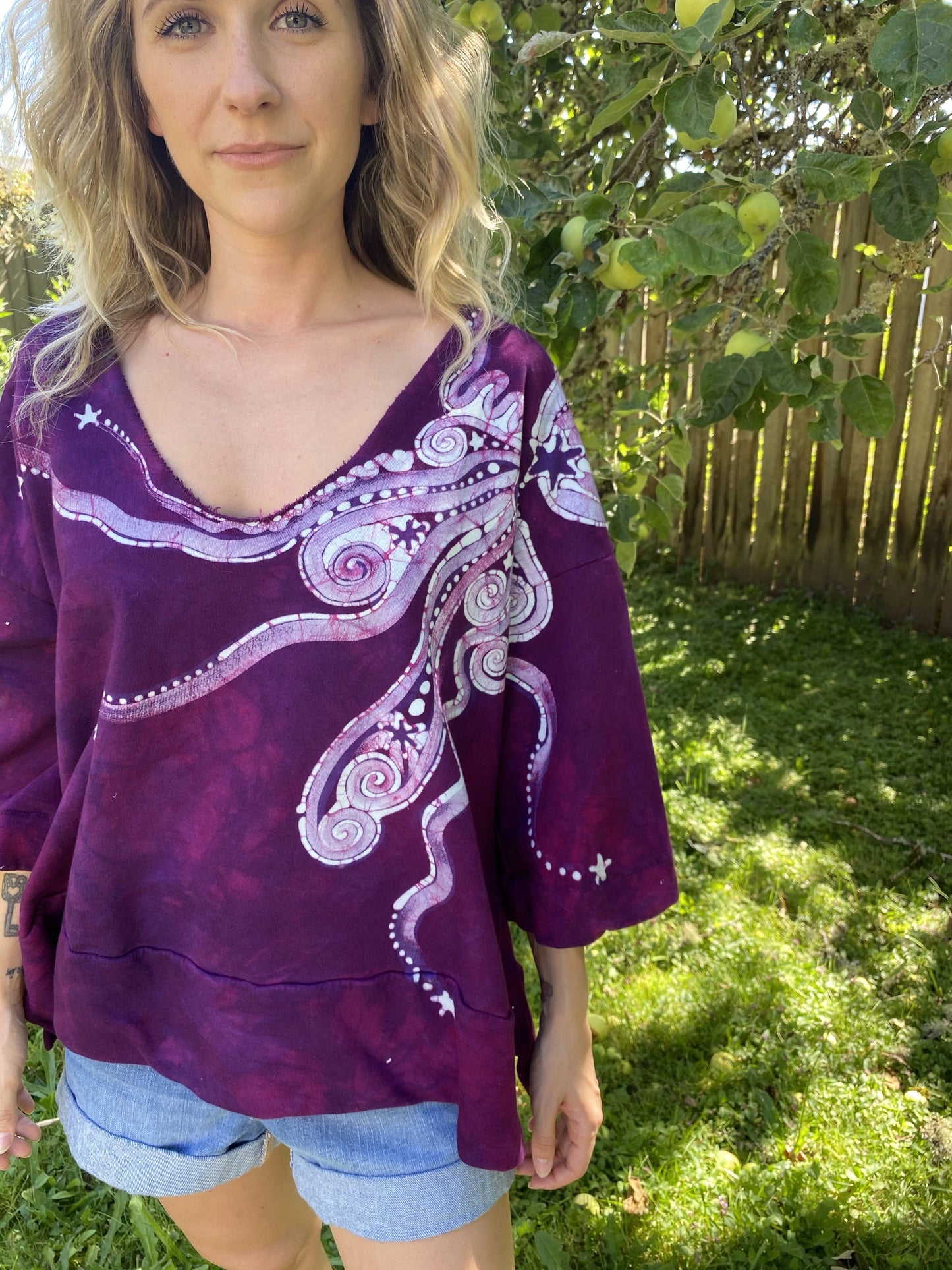 Berry Moon Deep Vneck Organic Cotton Handmade Batik Top, Size XL + Batik Dresses Batikwalla