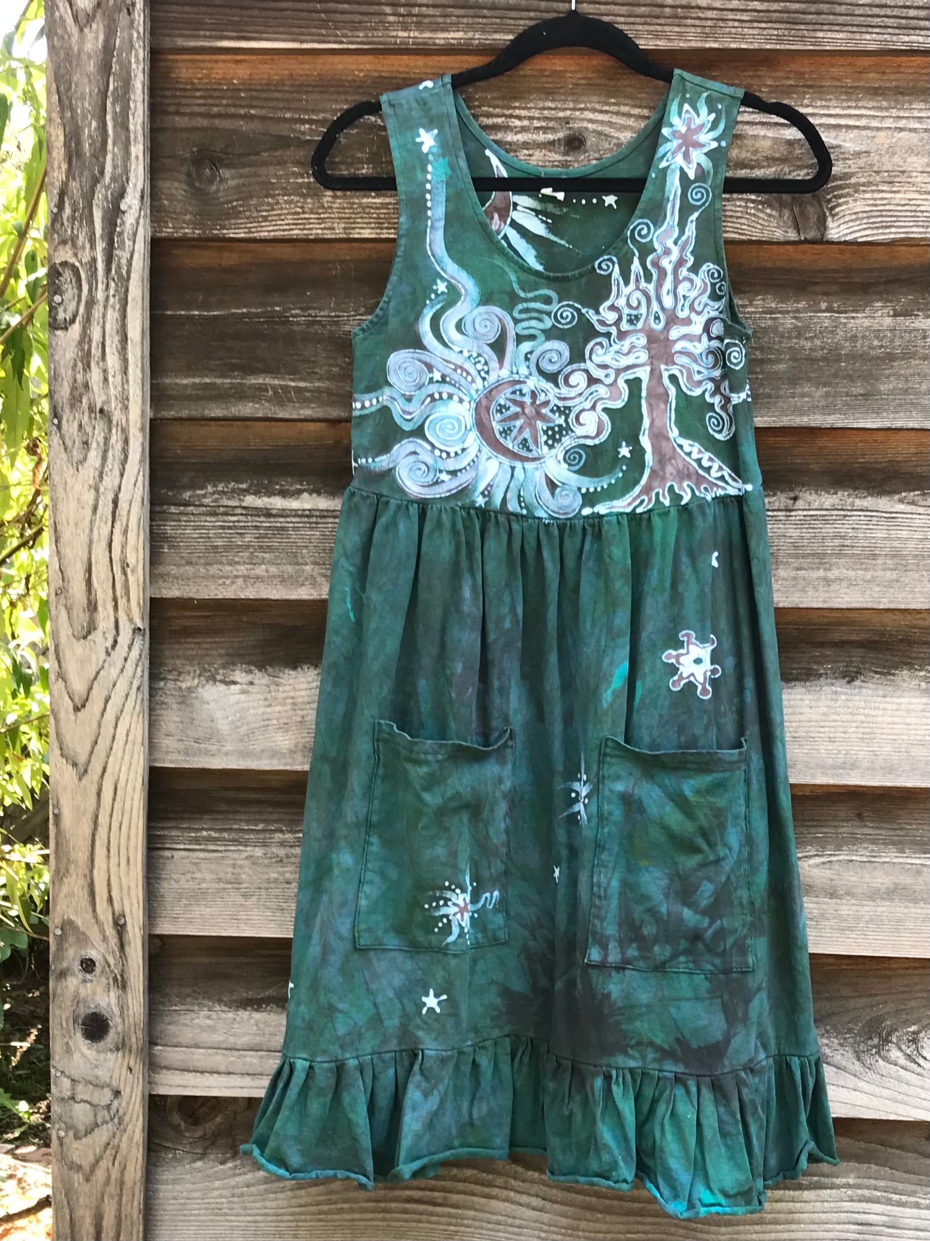 Mist in the Moss Forest - Farmer's Market Pocket Dress - Size Small Batik Dresses Batikwalla
