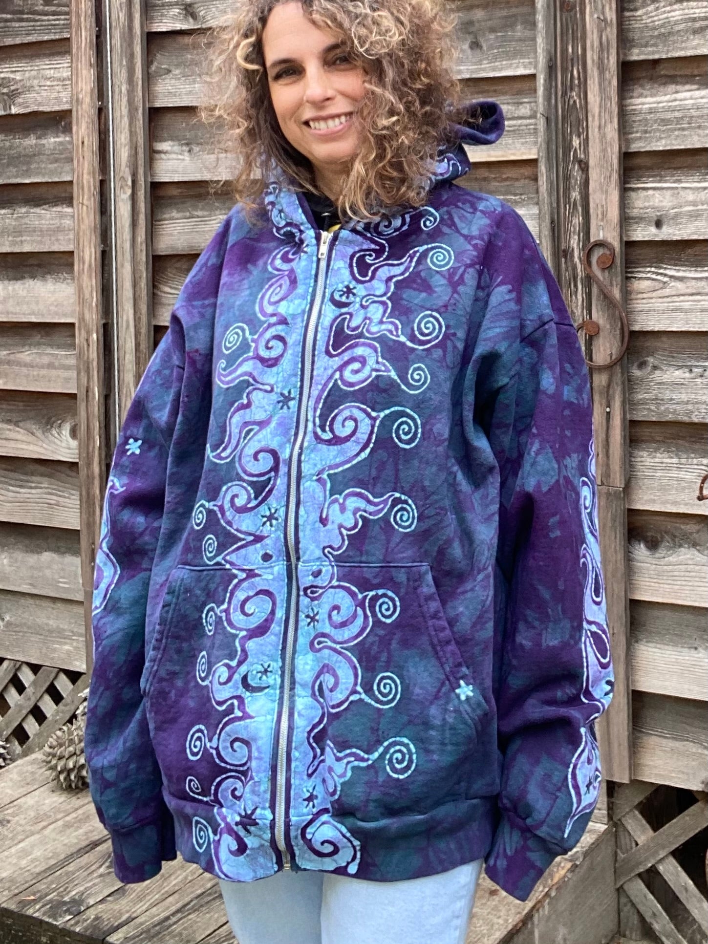 Teal and Purple Tuxedo Swirls with Stars Handcrafted Batik Zipper Hoodie - Size 2X hoodie batikwalla